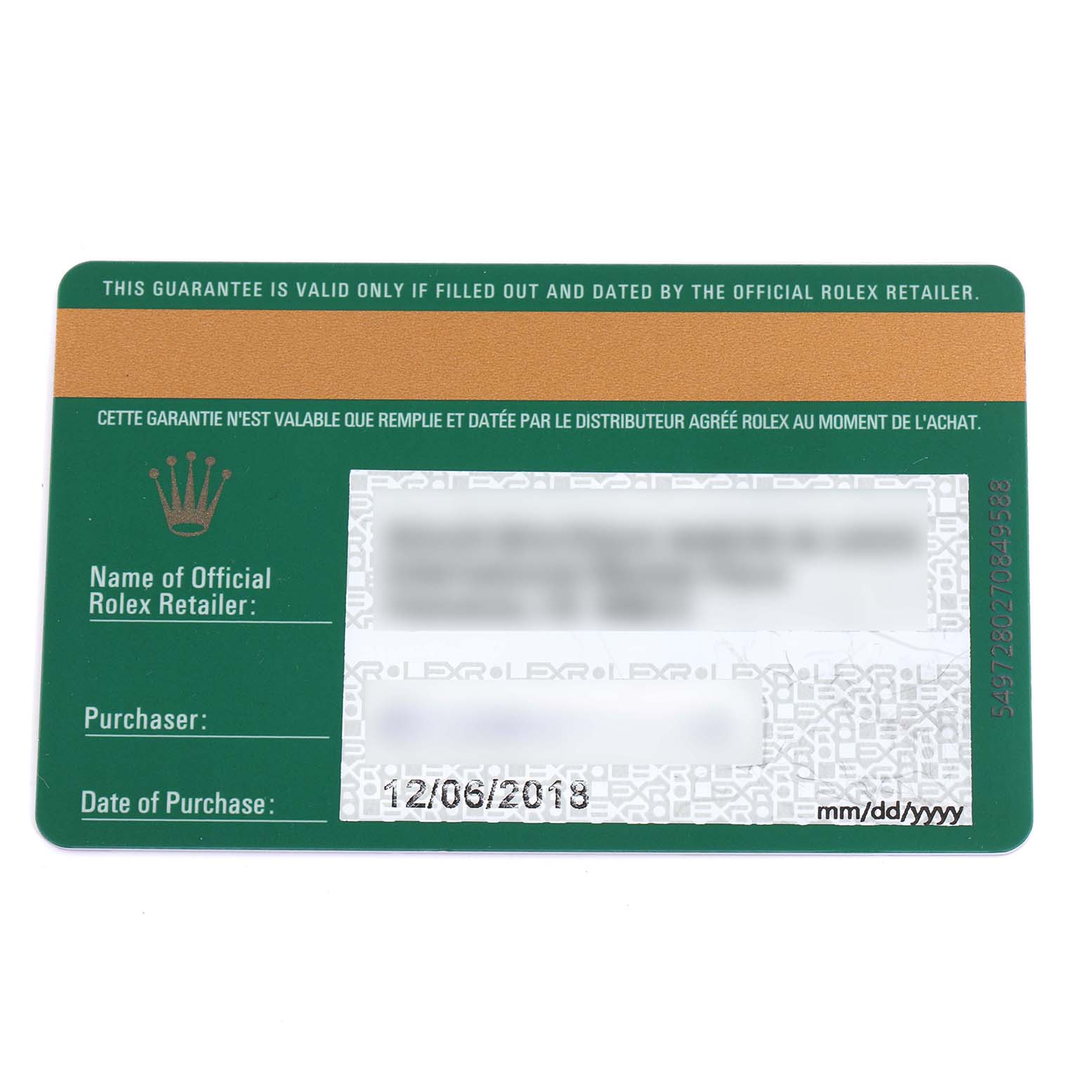 The image shows a warranty card for the Rolex Daytona 116503 Men's Steel and Gold (two tone) Mother of Pearl Dial 116503 Men's Steel and Gold (two tone) Mother of Pearl Dial model, viewed from a top angle, displaying purchase details.