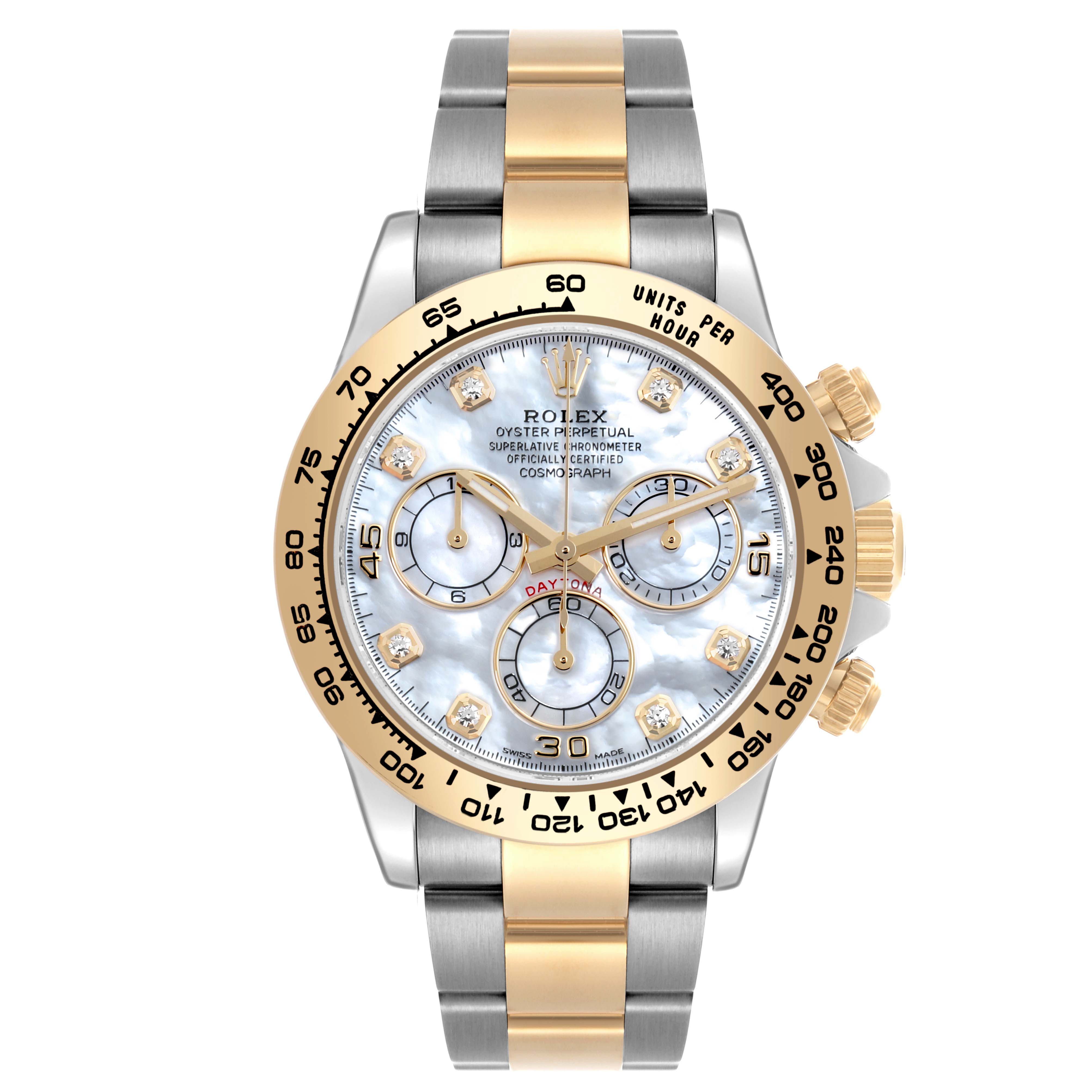 This image shows a Rolex Daytona 116503 Men's Steel and Gold (two tone) Mother of Pearl Dial 116503 Men's Steel and Gold (two tone) Mother of Pearl Dial watch from a front angle, displaying the dial, bezel, and two-tone bracelet.
