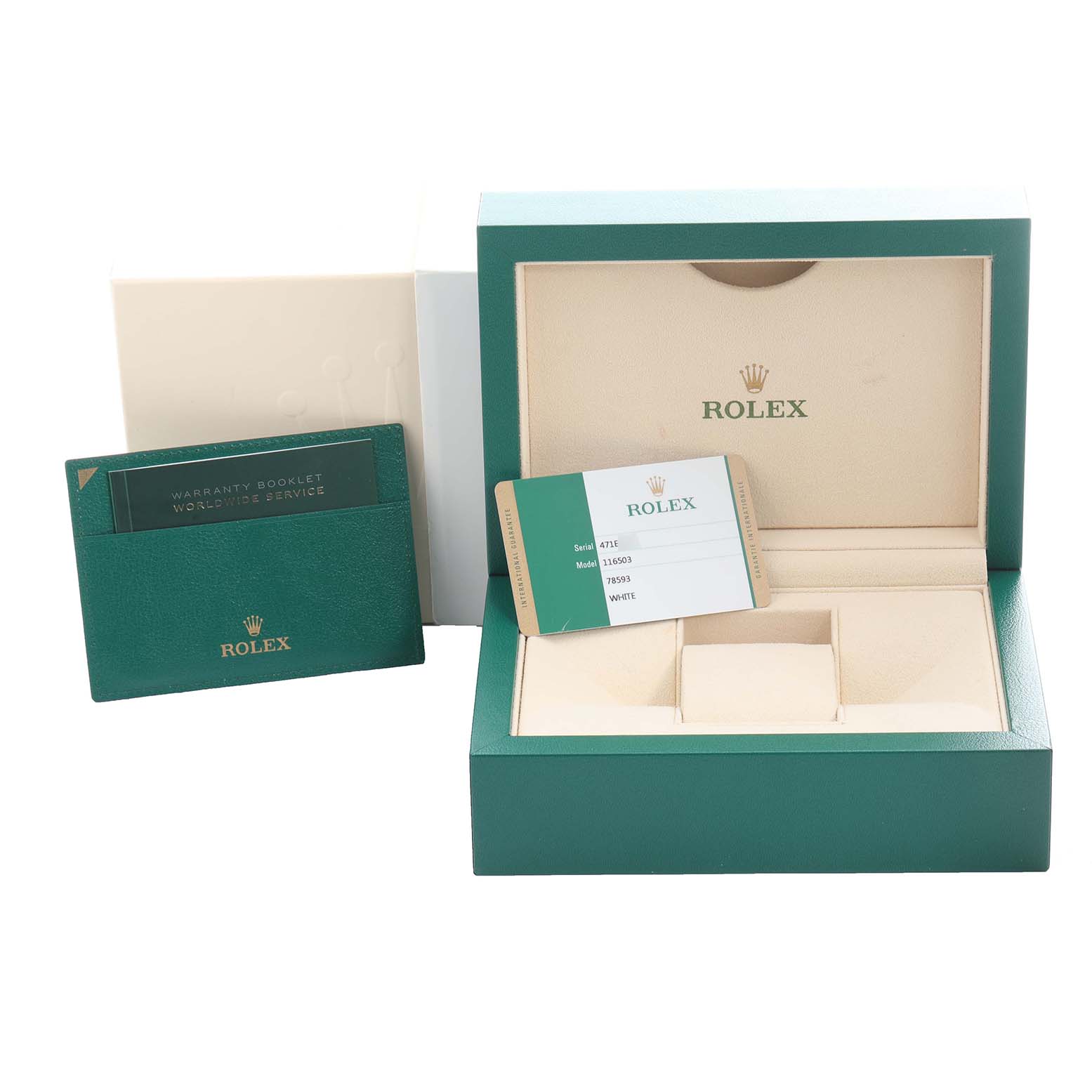 The image shows a Rolex Daytona 116503 Men's Steel and Gold (two tone) Mother of Pearl Dial 116503 Men's Steel and Gold (two tone) Mother of Pearl Dial watch box, warranty booklet, and an authenticity card.