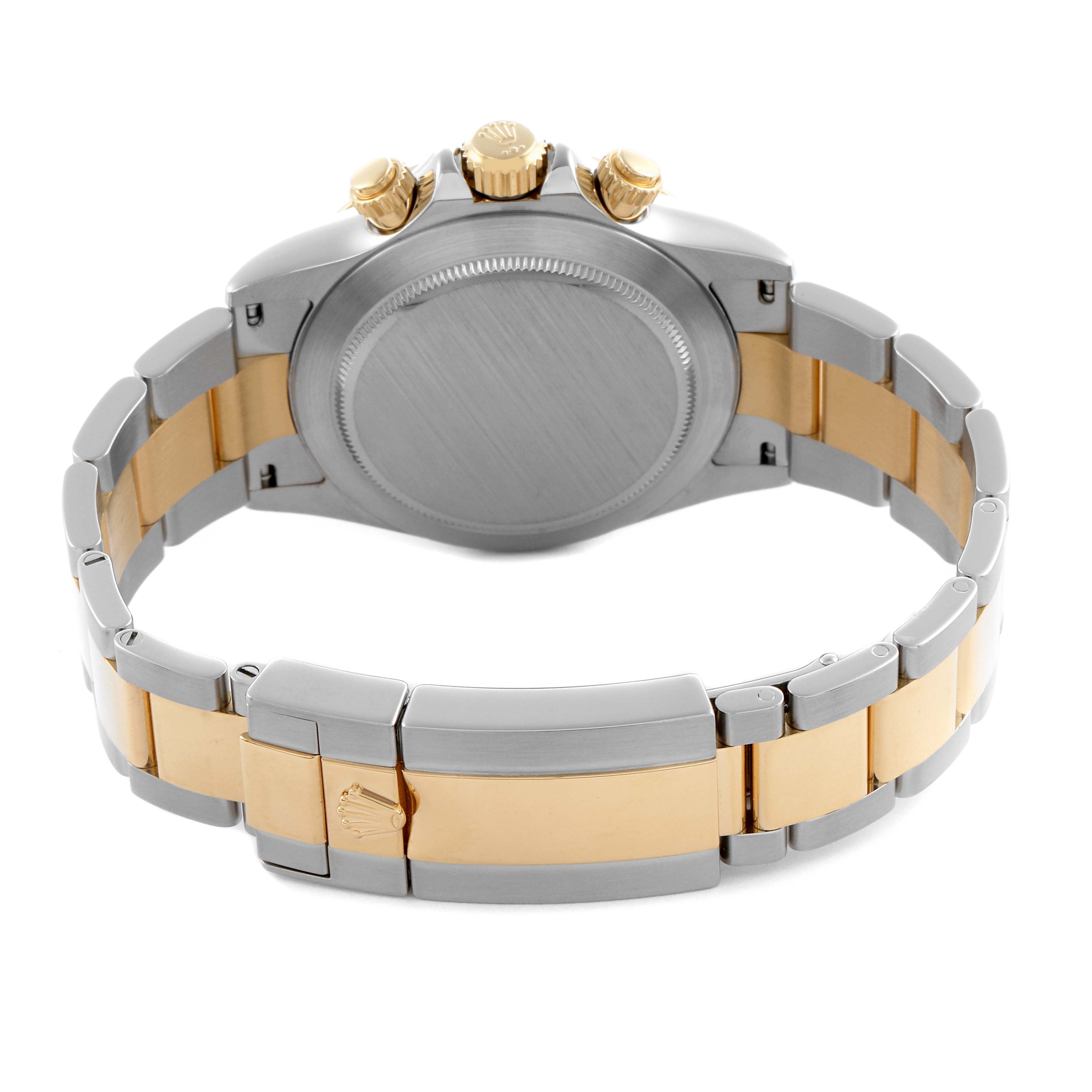 The image shows the back of a Rolex Daytona 116503 Men's Steel and Gold (two tone) Mother of Pearl Dial 116503 Men's Steel and Gold (two tone) Mother of Pearl Dial, highlighting the clasp, bracelet, case back, and crown, viewed from the rear.