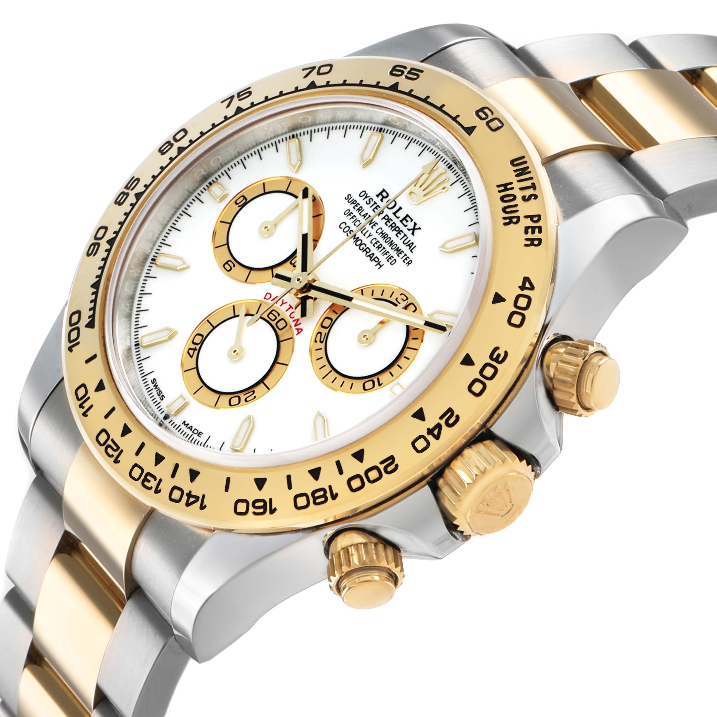 The Rolex Daytona 126503 Men's Steel and Gold (two tone) White Dial watch is shown at an angled view, highlighting the bezel, dial, subdials, and part of the bracelet.