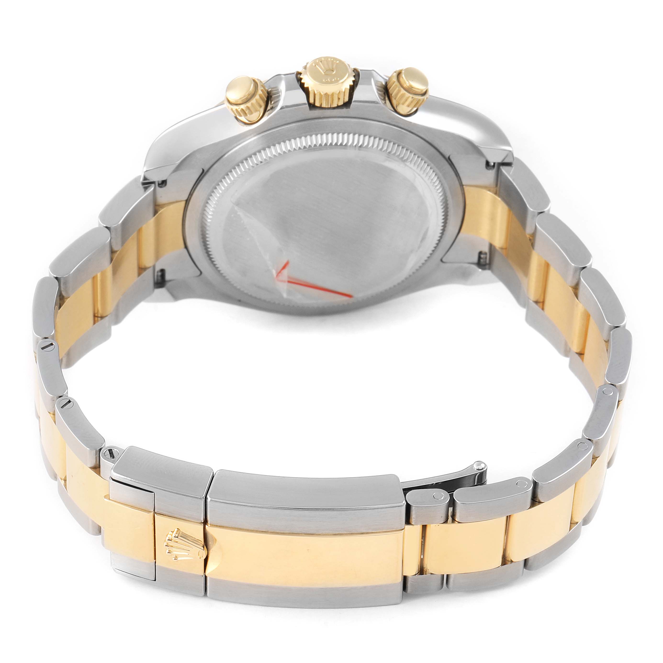 The image shows the back view of a Rolex Daytona 126503 Men's Steel and Gold (two tone) White Dial, highlighting the bracelet, clasp, and crown.