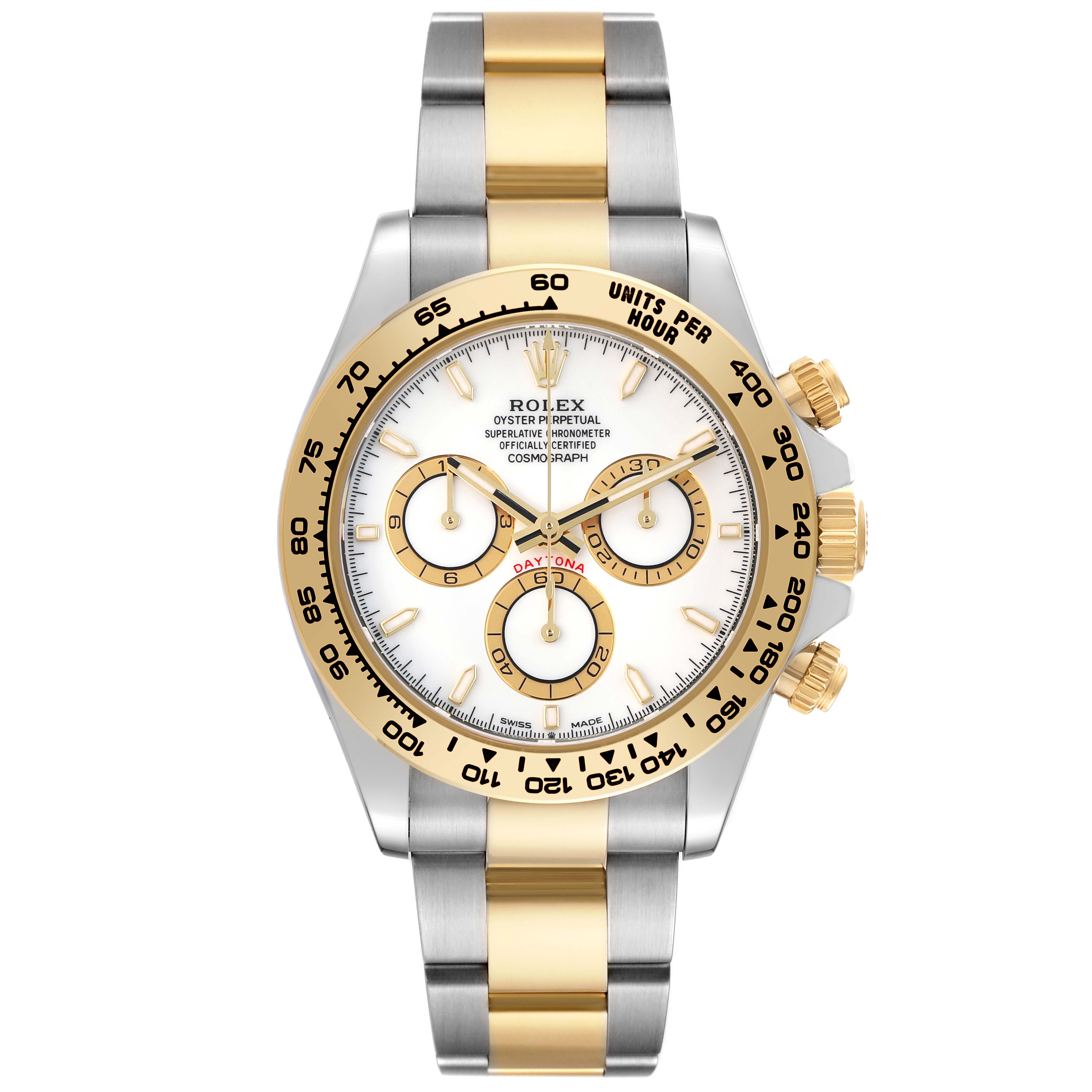 The Rolex Daytona 126503 Men's Steel and Gold (two tone) White Dial watch is shown from a front angle, displaying its dial, bezel, and bracelet.