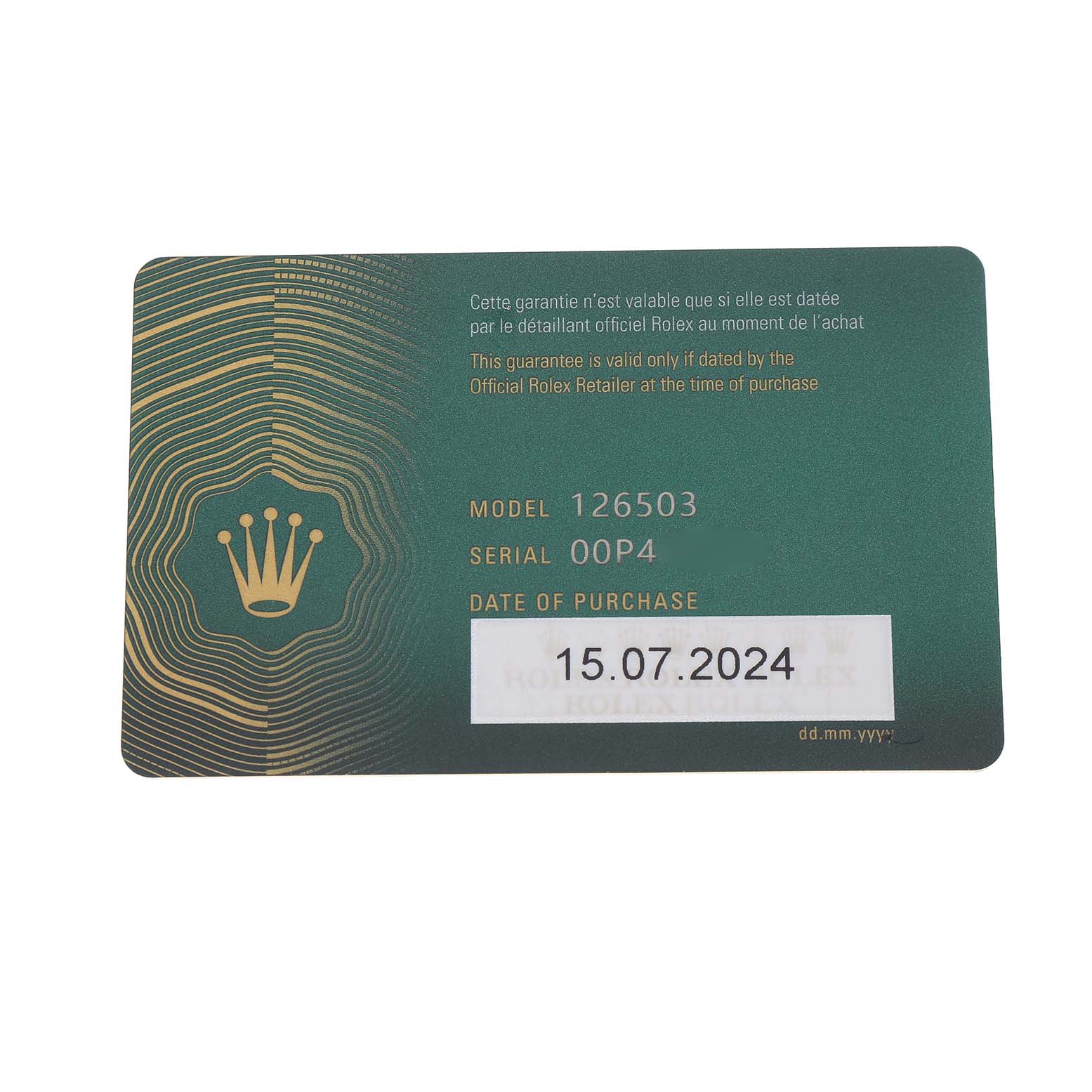 The image shows a Rolex Daytona 126503 Men's Steel and Gold (two tone) White Dial guarantee card, featuring model and serial numbers, with a purchase date.