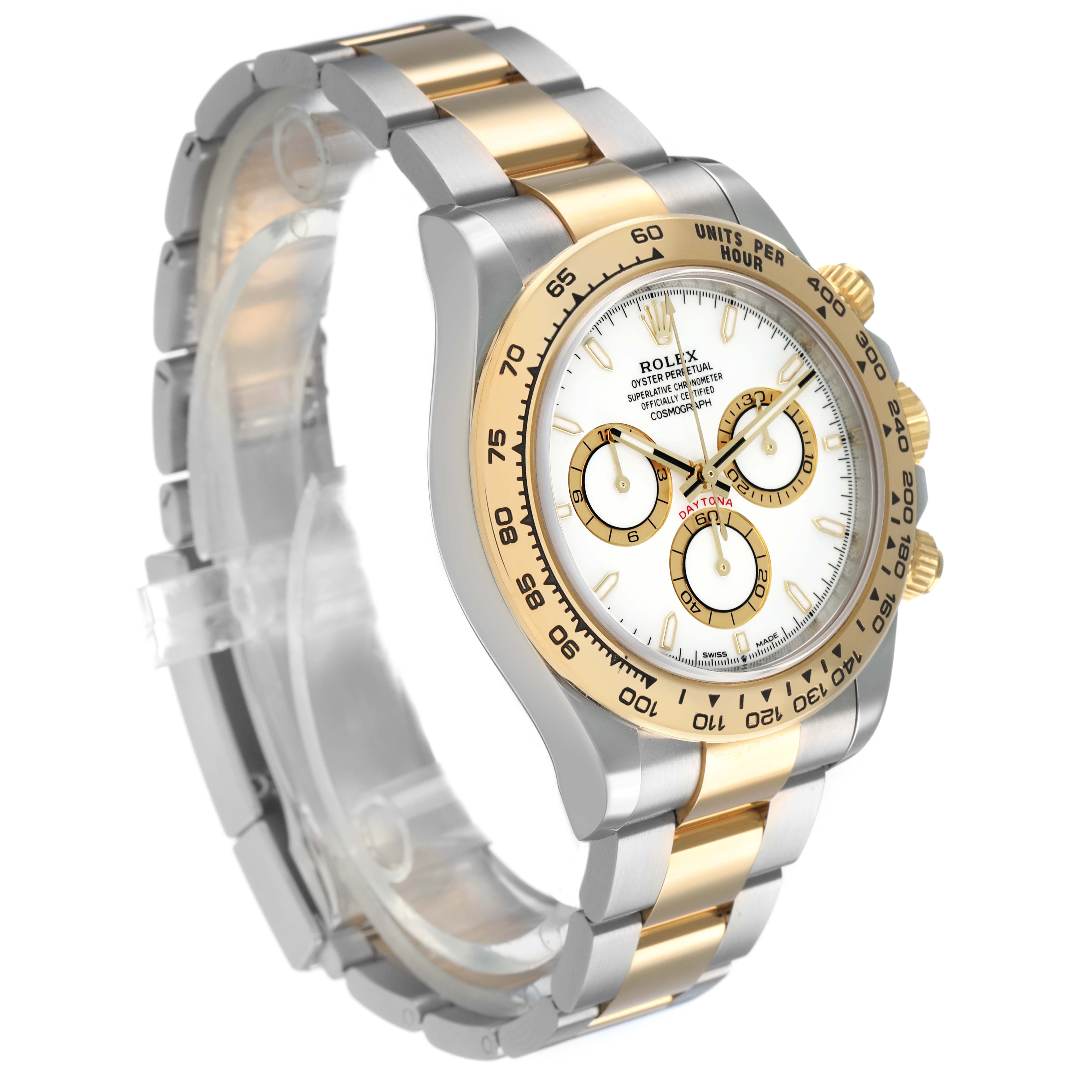 The image shows a Rolex Daytona 126503 Men's Steel and Gold (two tone) White Dial watch at a three-quarter angle, highlighting the face, bezel, and two-tone bracelet.
