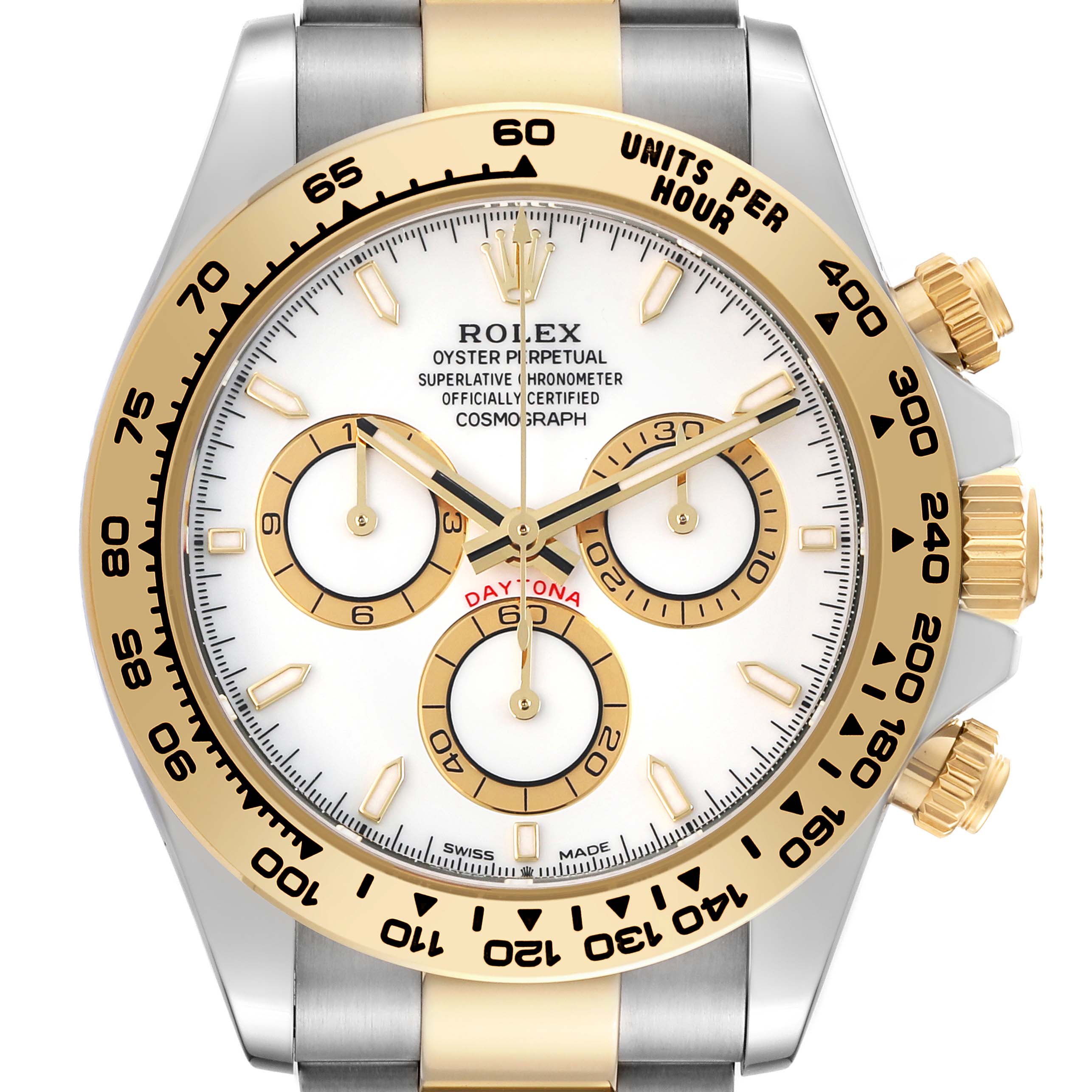 The Rolex Daytona 126503 Men's Steel and Gold (two tone) White Dial watch is shown from the front, highlighting its dial, bezel, and chronograph sub-dials.