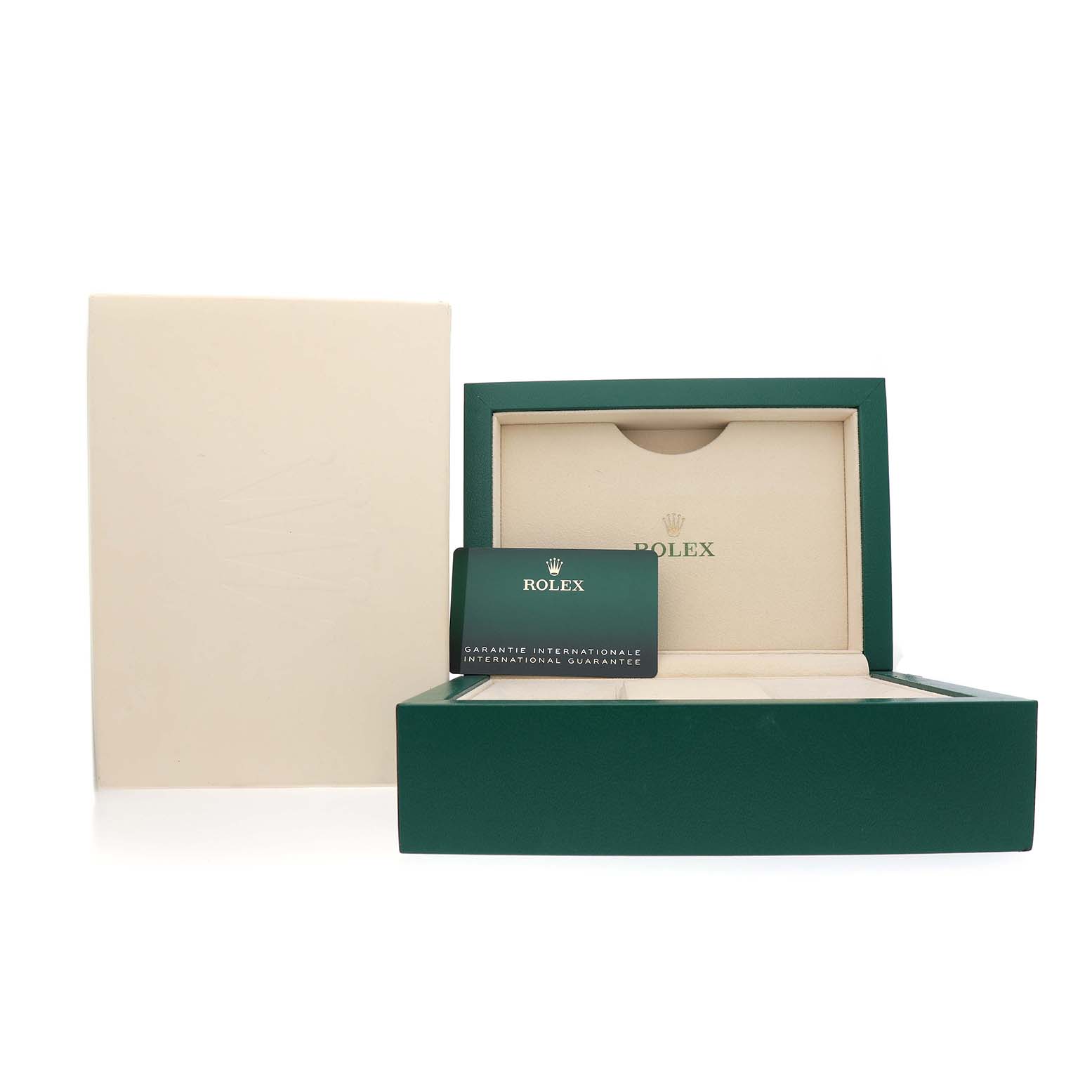 The image shows the packaging and warranty card for a Rolex Daytona 126503 Men's Steel and Gold (two tone) White Dial watch, with the box lid open.