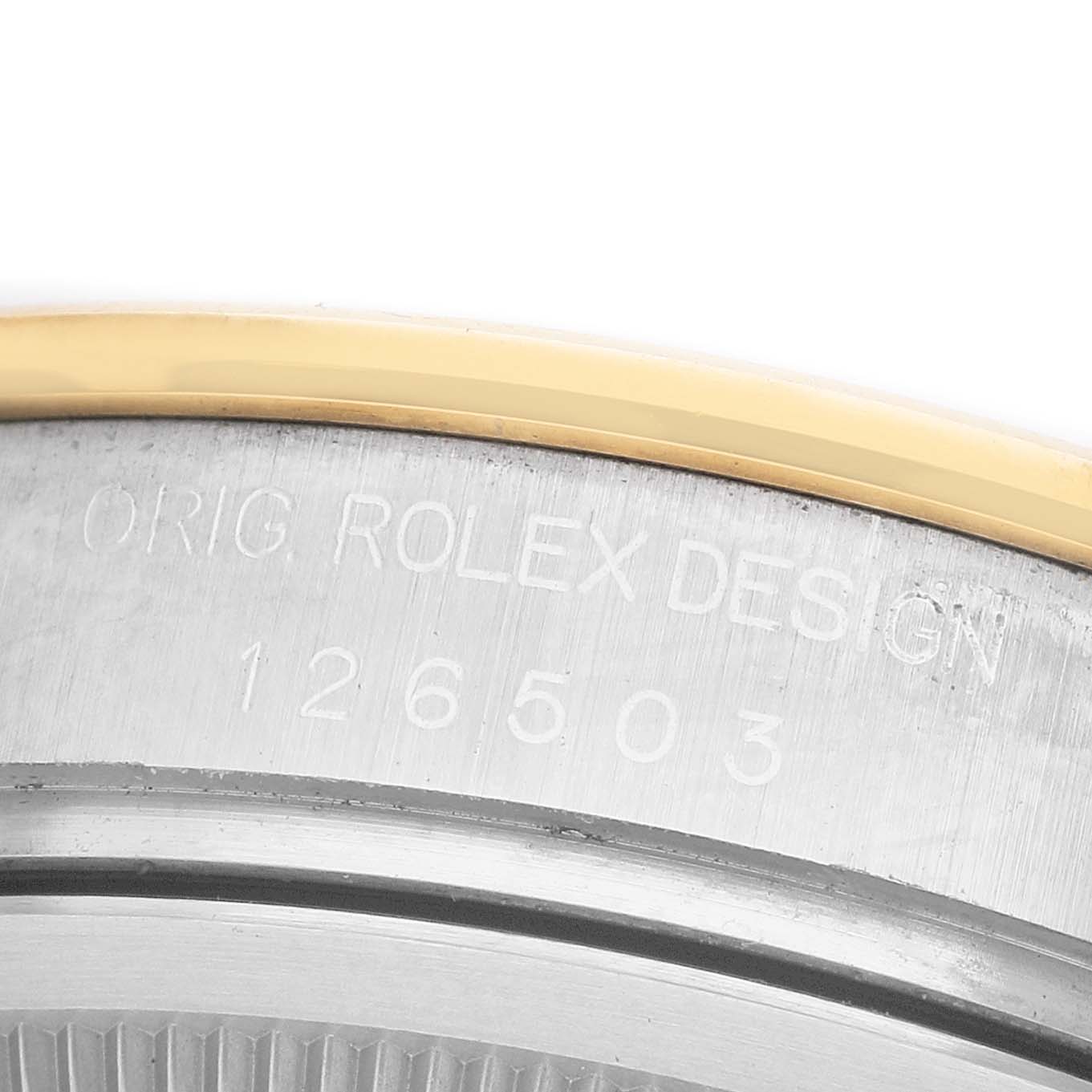 This image shows the side profile of a Rolex Daytona 126503 Men's Steel and Gold (two tone) White Dial watch, highlighting the engraved model number and case edge.
