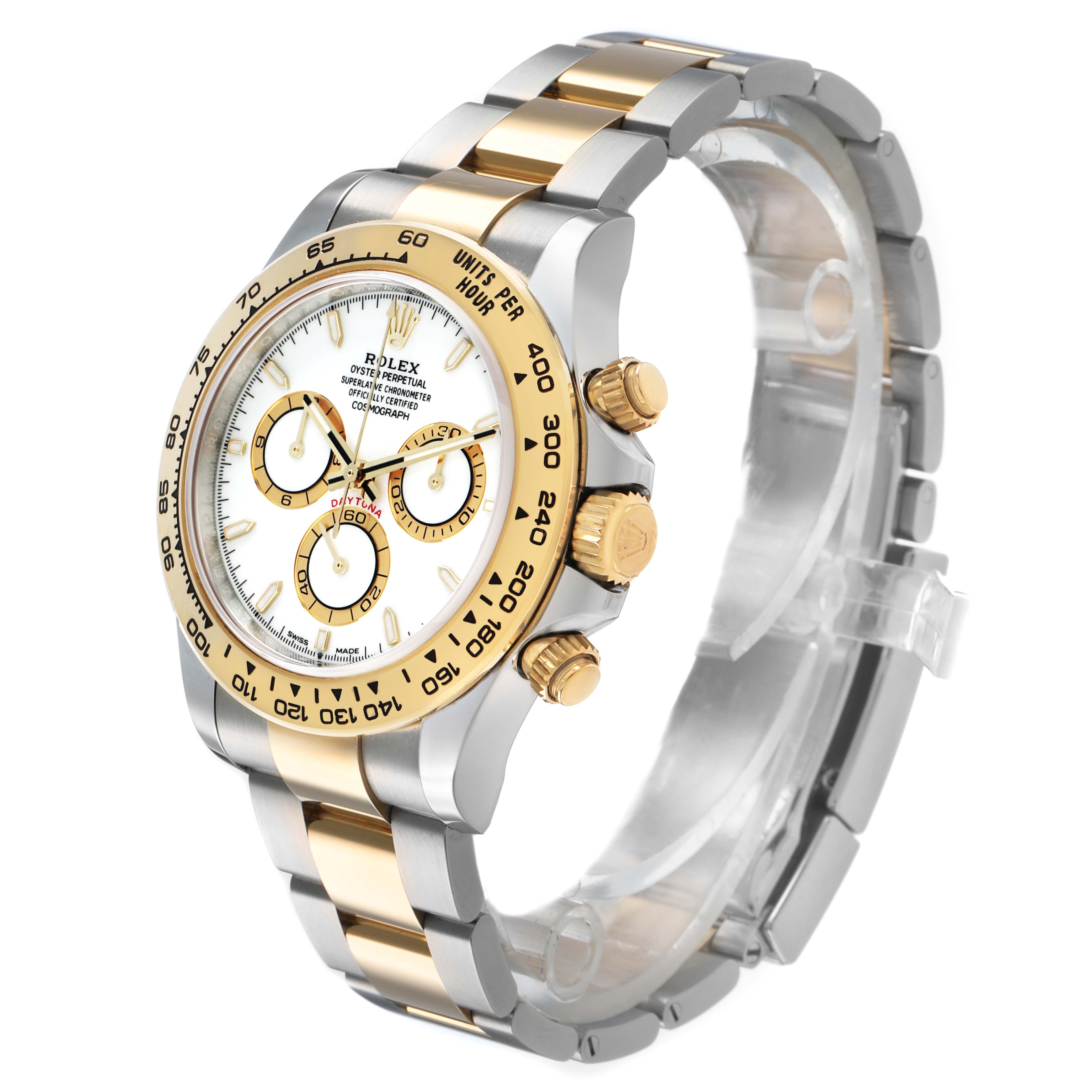 The Rolex Daytona 126503 Men's Steel and Gold (two tone) White Dial watch is shown at an angled side view, highlighting the bezel, dial, crown, pushers, and bracelet.