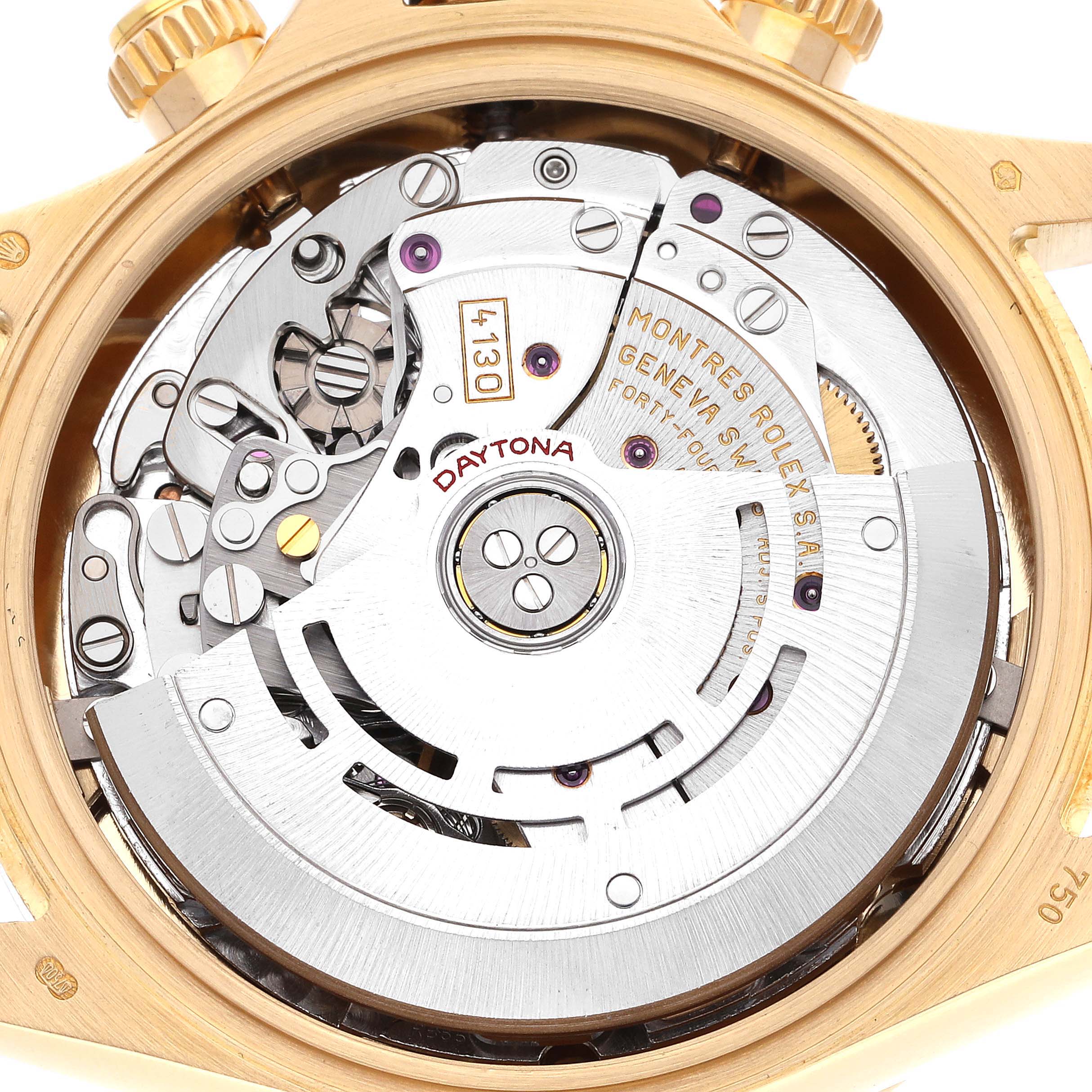 The image shows the internal mechanism of a Rolex Daytona 116528 Men's Yellow Gold Mother of Pearl Dial 116528 Men's Yellow Gold Mother of Pearl Dial watch viewed from the back, highlighting its intricate components.