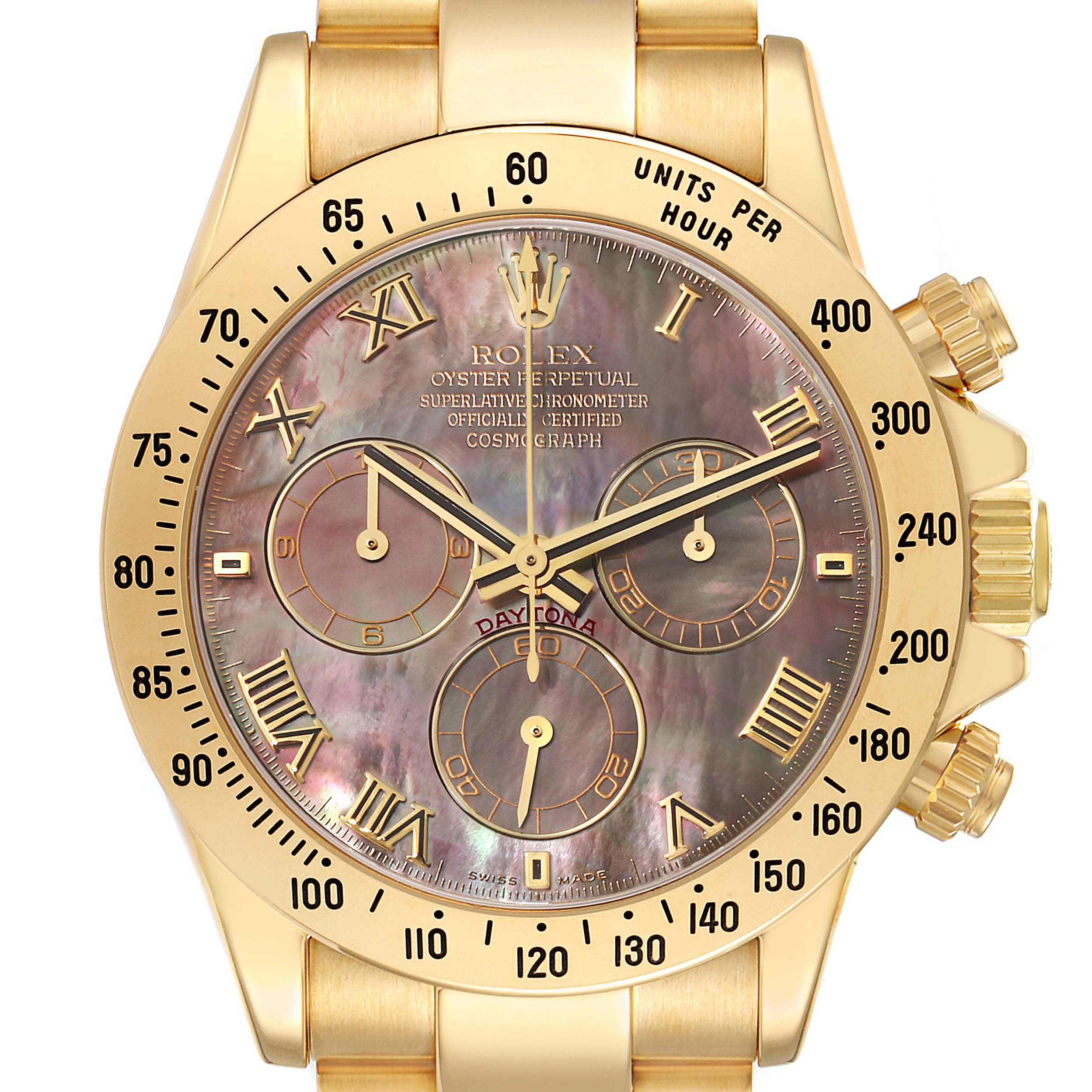 The image shows a close-up, front view of the Rolex Daytona 116528 Men's Yellow Gold Mother of Pearl Dial 116528 Men's Yellow Gold Mother of Pearl Dial watch, featuring its dial, bezel, and pushers.