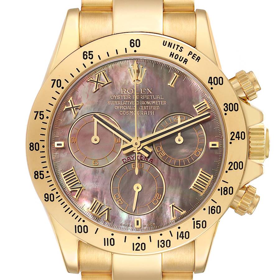 The image shows a close-up, front view of the Rolex Daytona watch, featuring its dial, bezel, and pushers.