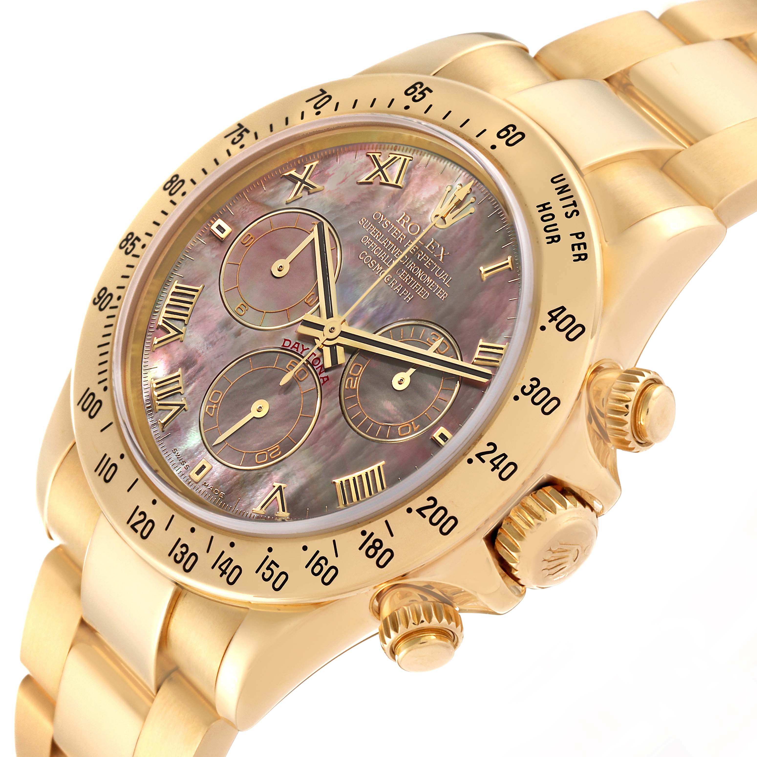 This image shows a Rolex Daytona 116528 Men's Yellow Gold Mother of Pearl Dial 116528 Men's Yellow Gold Mother of Pearl Dial watch at a tilted angle, highlighting its bezel, chronograph subdials, and crown.