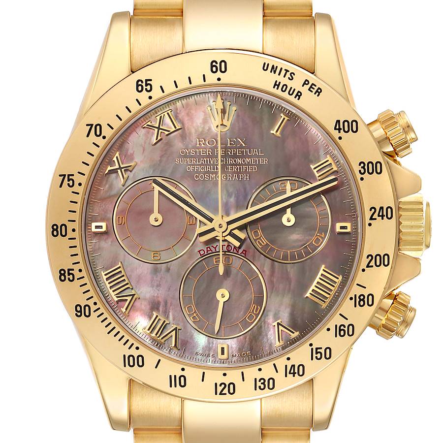 Rolex Daytona Yellow Gold Mother of Pearl Dial Mens Watch 116528 Box Papers SwissWatchExpo
