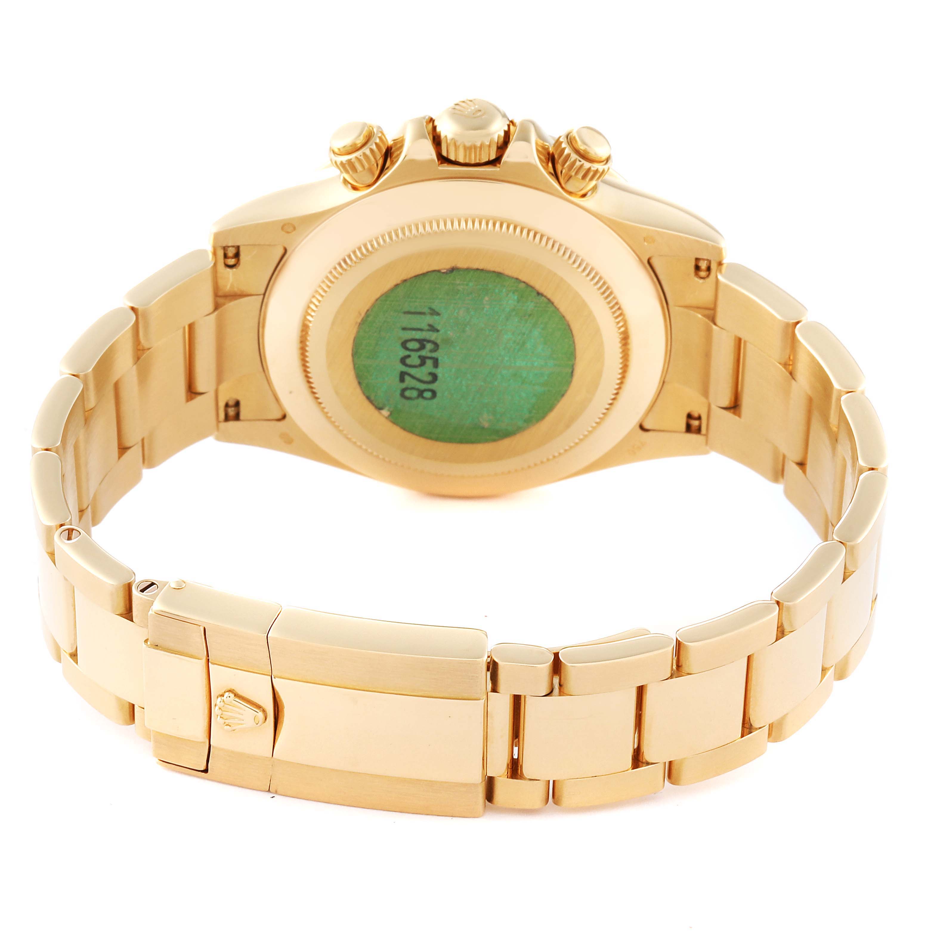 The image shows the back view of a gold Rolex Daytona 116528 Men's Yellow Gold Mother of Pearl Dial 116528 Men's Yellow Gold Mother of Pearl Dial watch, including the case back, buttons, and bracelet.