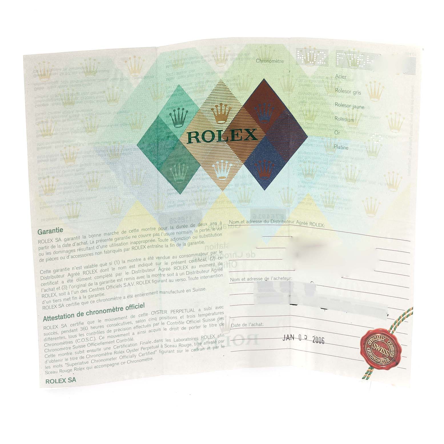 This image shows the warranty certificate for a Rolex Daytona 116528 Men's Yellow Gold Mother of Pearl Dial 116528 Men's Yellow Gold Mother of Pearl Dial watch.