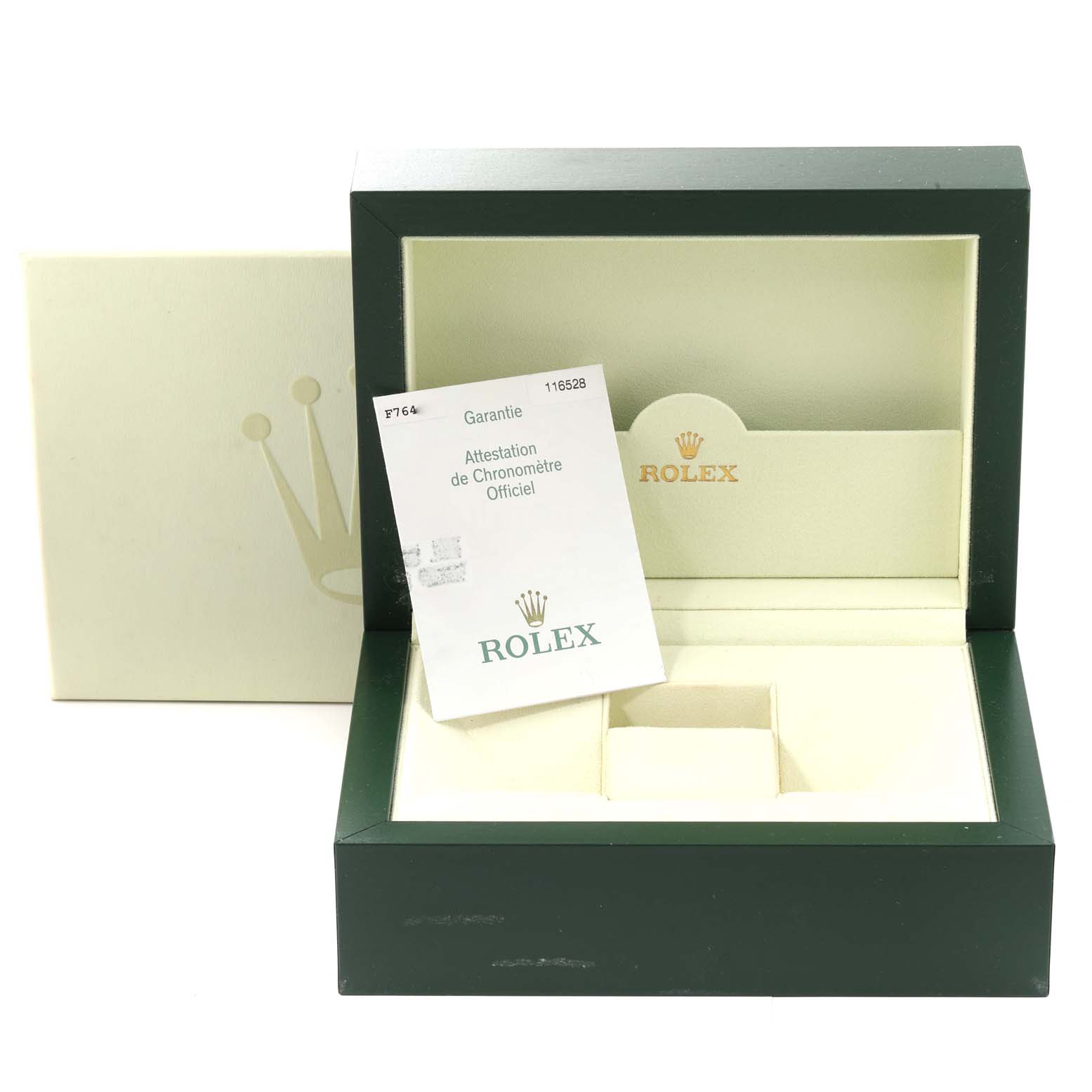 The image shows an open Rolex Daytona 116528 Men's Yellow Gold Mother of Pearl Dial 116528 Men's Yellow Gold Mother of Pearl Dial watch box and warranty card from a front angle.