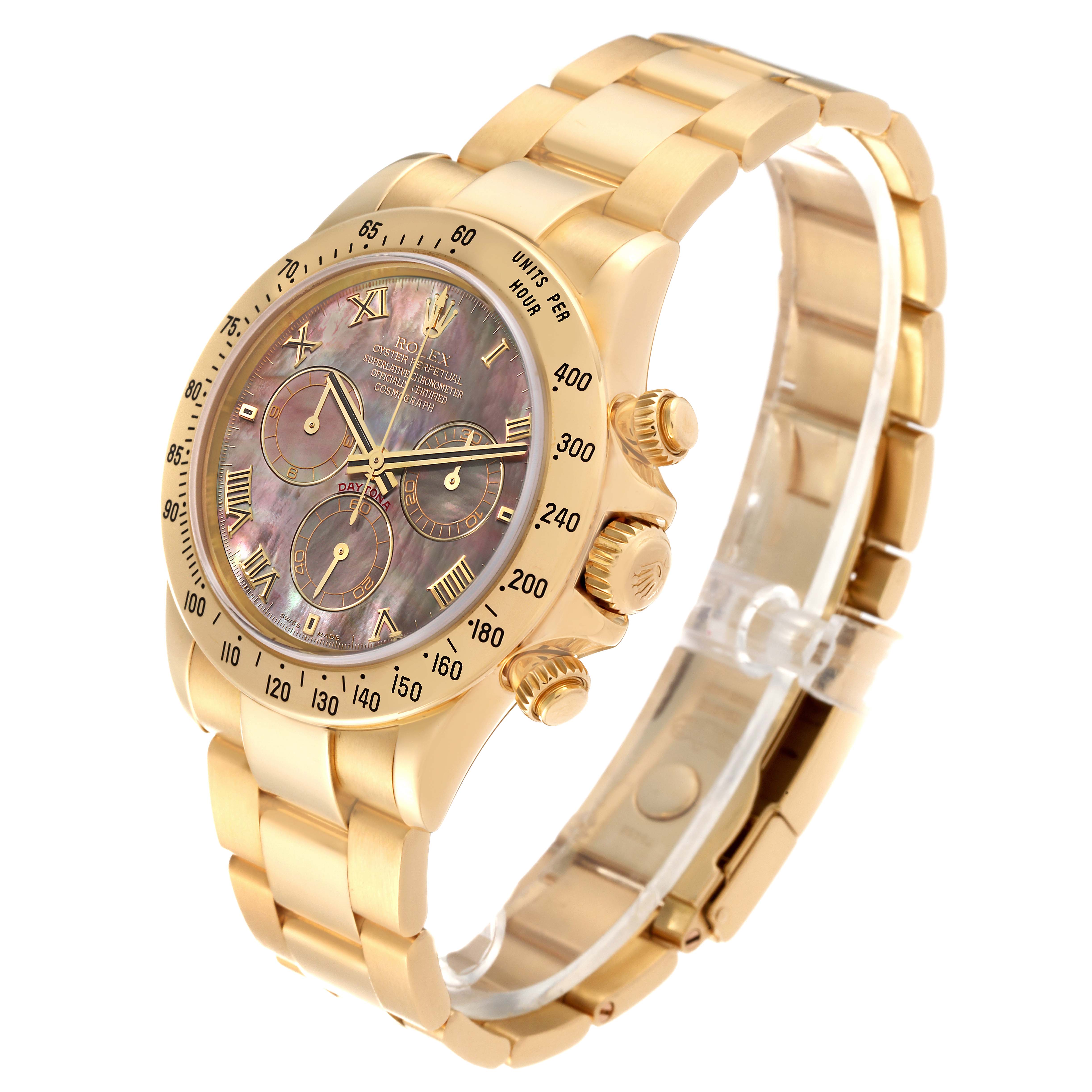 The angled view of the Rolex Daytona 116528 Men's Yellow Gold Mother of Pearl Dial 116528 Men's Yellow Gold Mother of Pearl Dial watch shows the dial, bezel, crown, and bracelet.