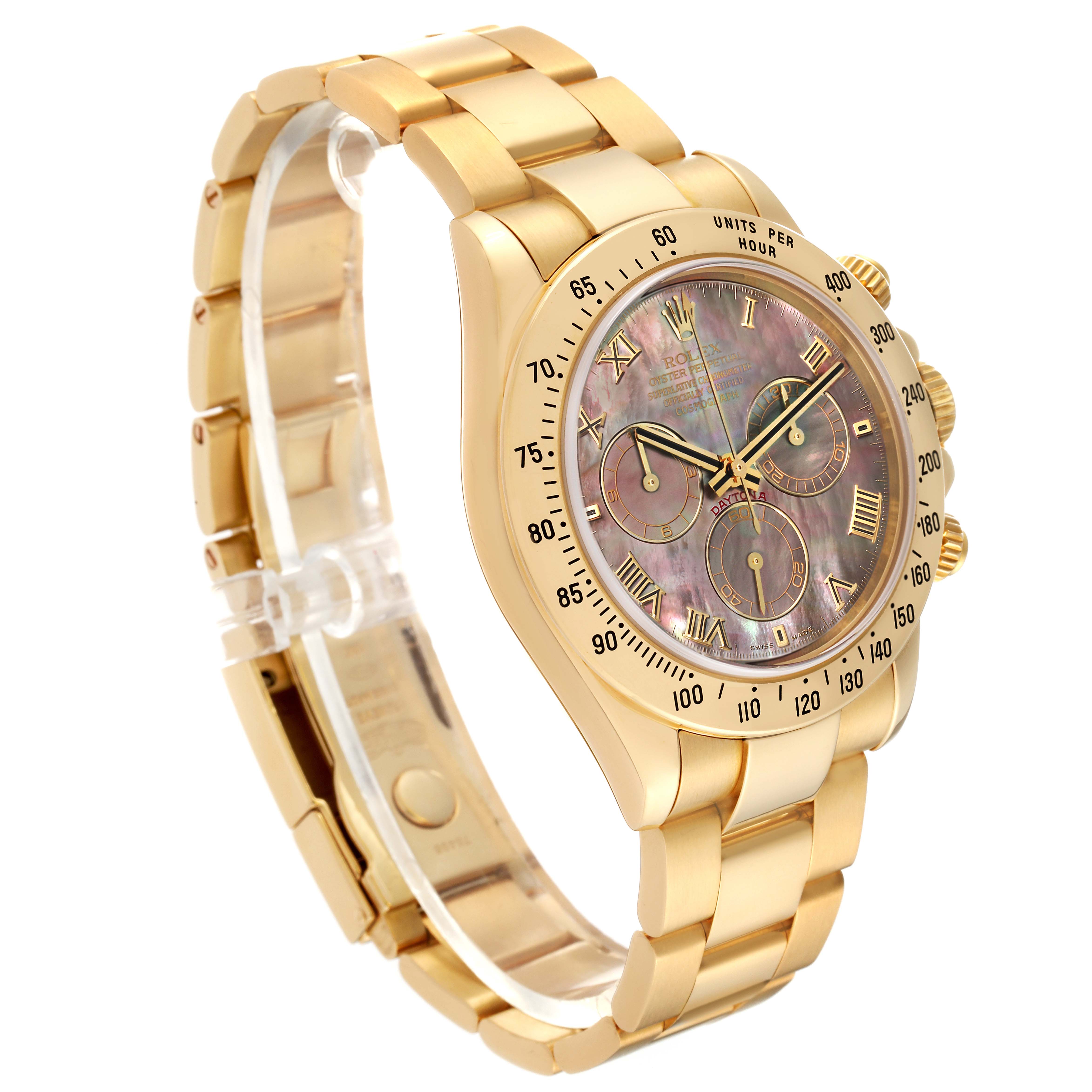 The Rolex Daytona 116528 Men's Yellow Gold Mother of Pearl Dial 116528 Men's Yellow Gold Mother of Pearl Dial watch is shown at a three-quarter angle, displaying the face, bezel, bracelet, and side buttons.