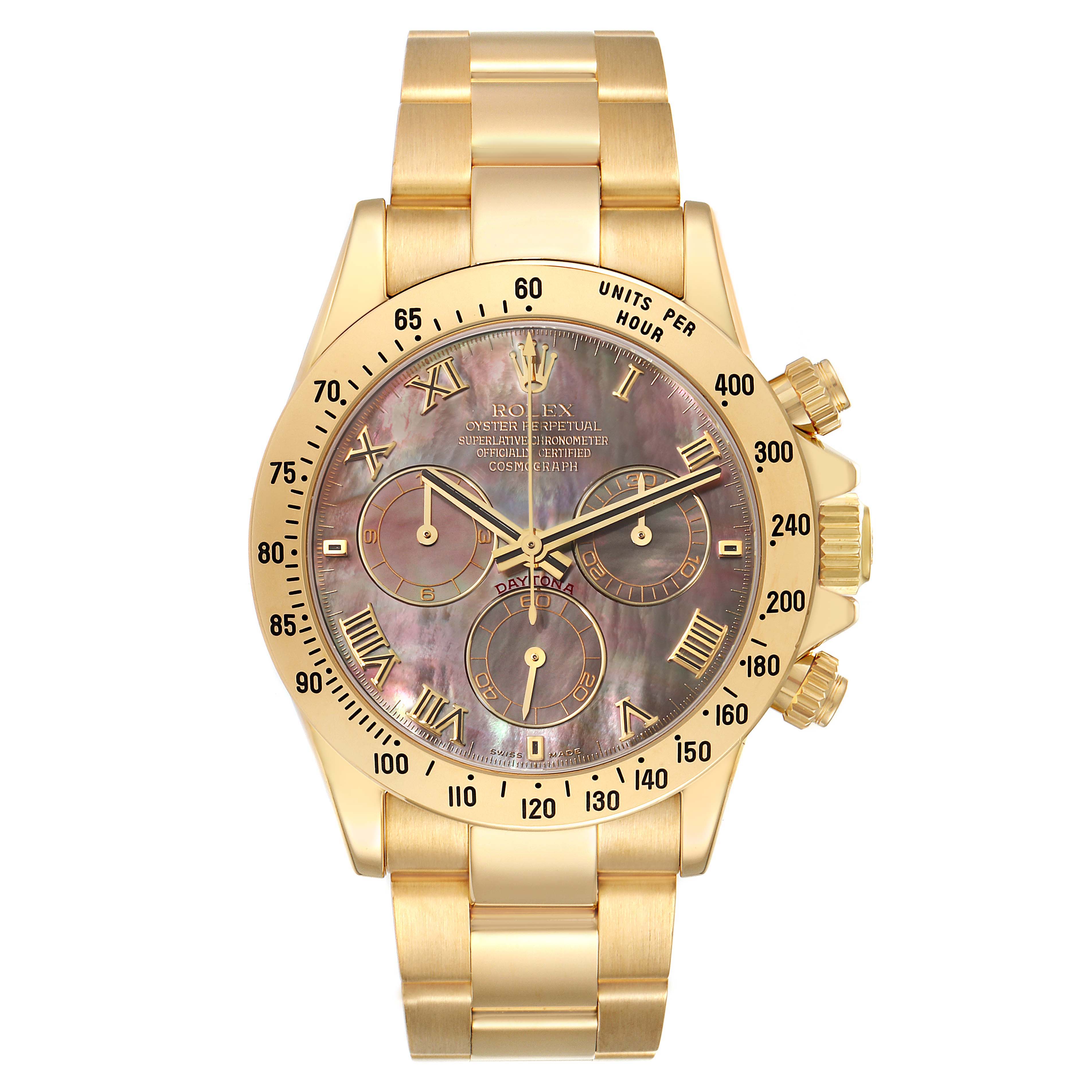 The image shows a front view of a Rolex Daytona 116528 Men's Yellow Gold Mother of Pearl Dial 116528 Men's Yellow Gold Mother of Pearl Dial wristwatch, highlighting its gold-tone case, bracelet, and multichronograph dial.