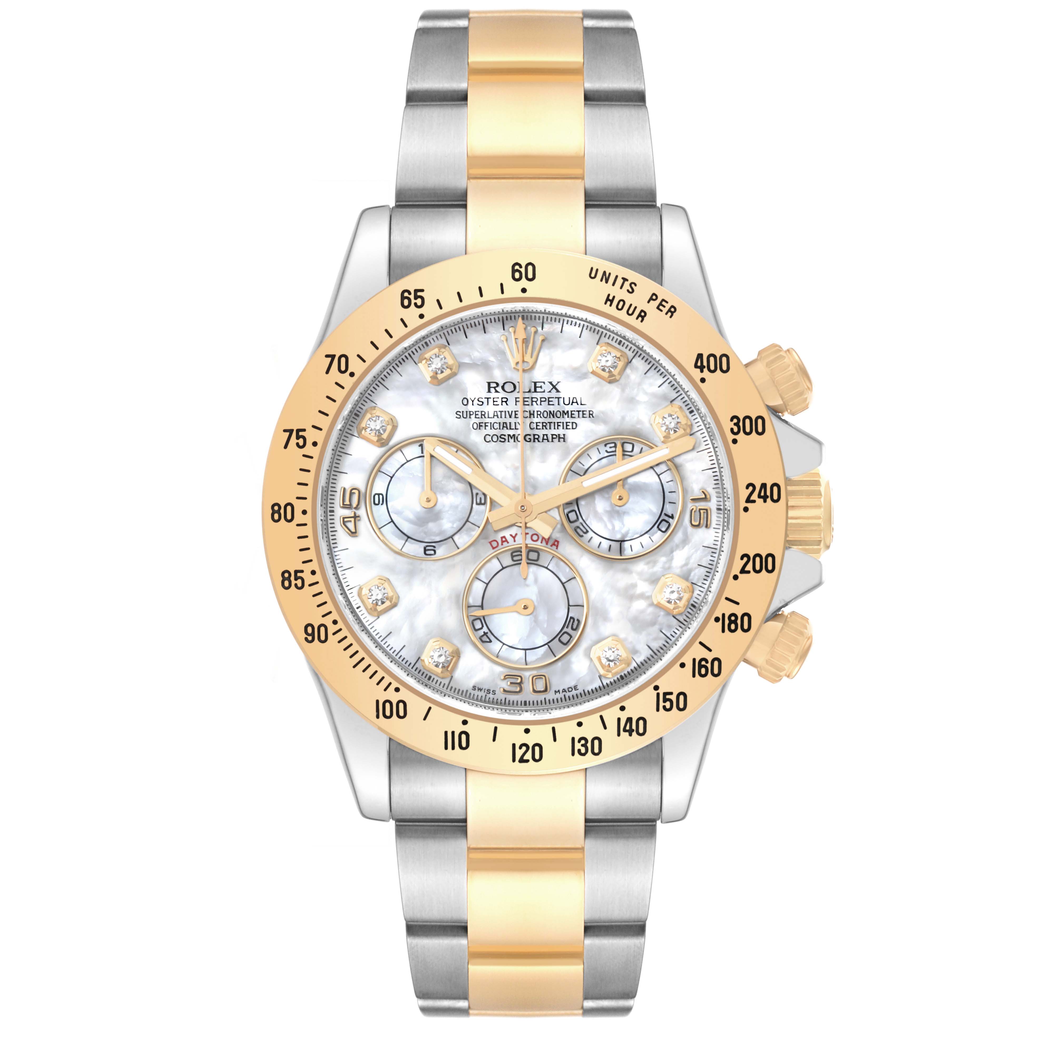 The image shows a front view of a Rolex Daytona 116523NG Men's Steel and Gold (two tone) Mother of Pearl Dial 116523NG Men's Steel and Gold (two tone) Mother of Pearl Dial watch, displaying its face, dials, bezel, and two-tone bracelet.