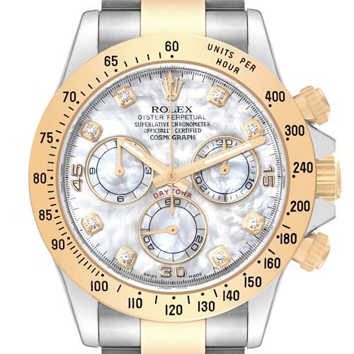 Photo of Rolex Daytona Yellow Gold Steel Mother of Pearl Diamond Dial Mens Watch 116523