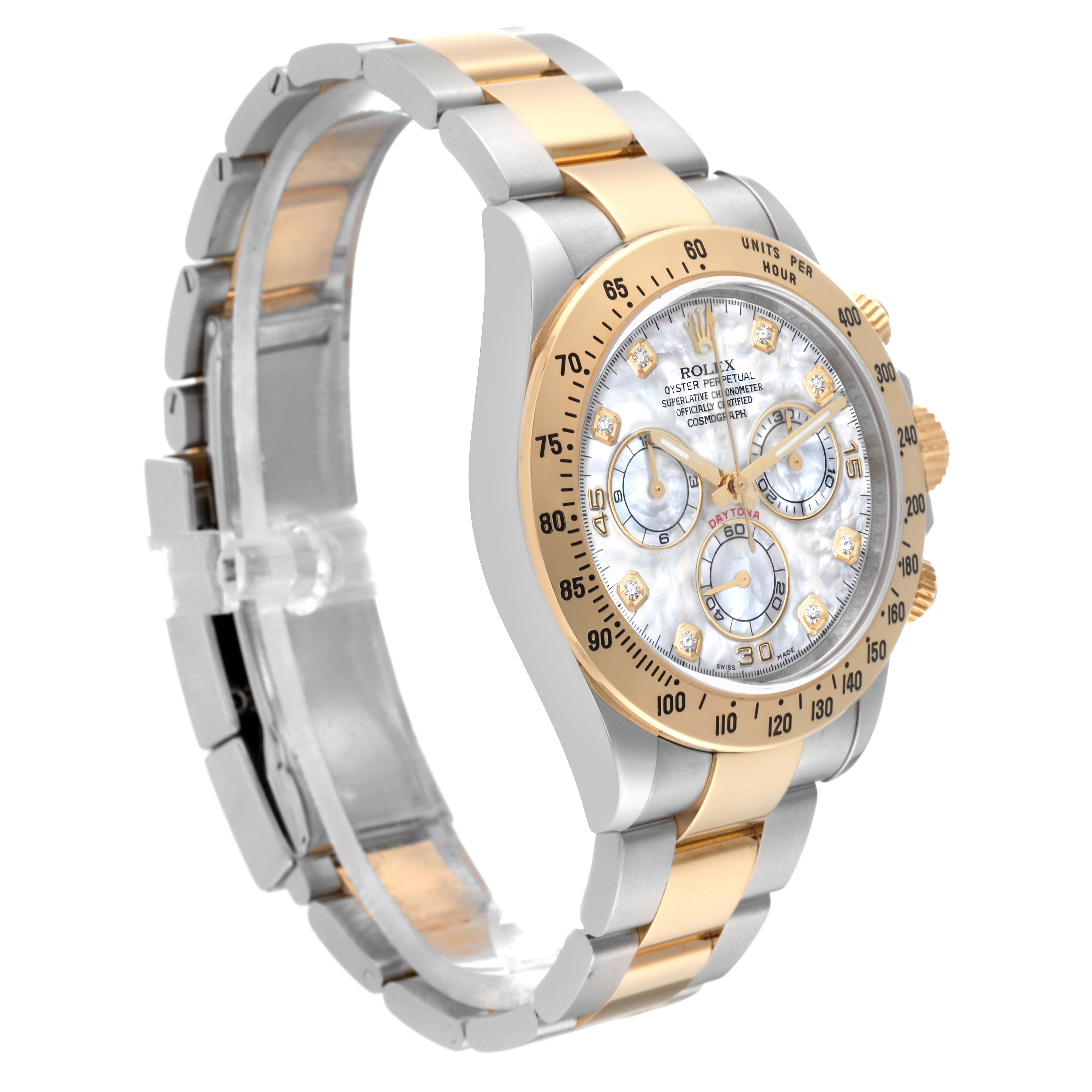 The image shows a side angle of a Rolex Daytona 116523NG Men's Steel and Gold (two tone) Mother of Pearl Dial 116523NG Men's Steel and Gold (two tone) Mother of Pearl Dial watch, highlighting its bezel, dial, crown, subdials, and two-tone bracelet.