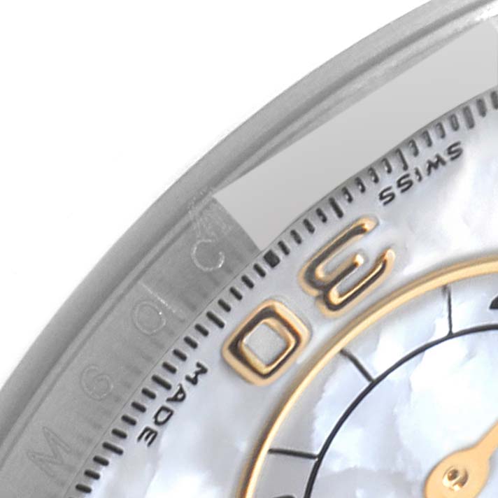 The image shows a close-up of the dial and partial bezel of a Rolex Daytona 116523NG Men's Steel and Gold (two tone) Mother of Pearl Dial 116523NG Men's Steel and Gold (two tone) Mother of Pearl Dial watch.