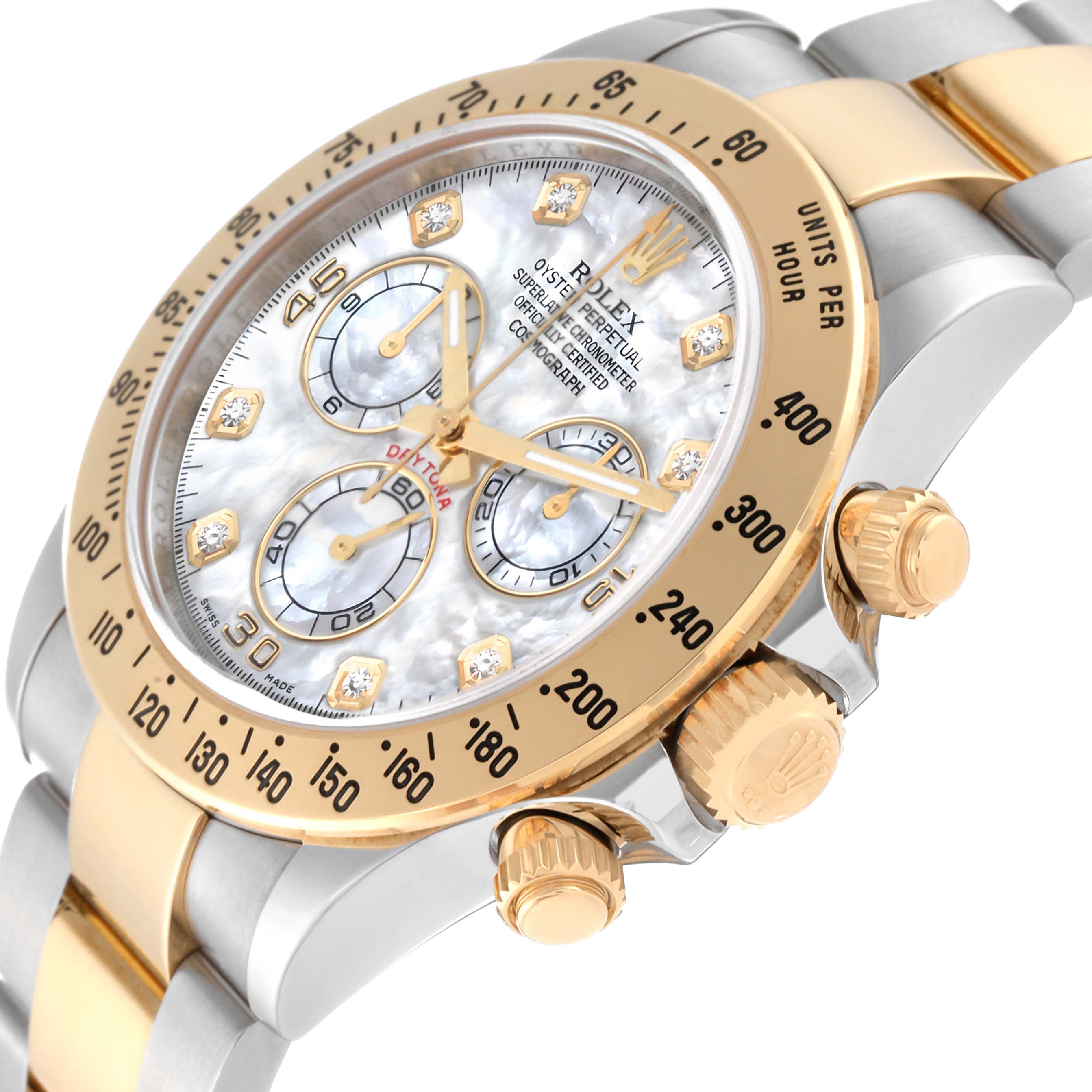 This image shows the Rolex Daytona 116523NG Men's Steel and Gold (two tone) Mother of Pearl Dial 116523NG Men's Steel and Gold (two tone) Mother of Pearl Dial watch at an angled close-up, highlighting the bezel, dial, crown, and pushers.