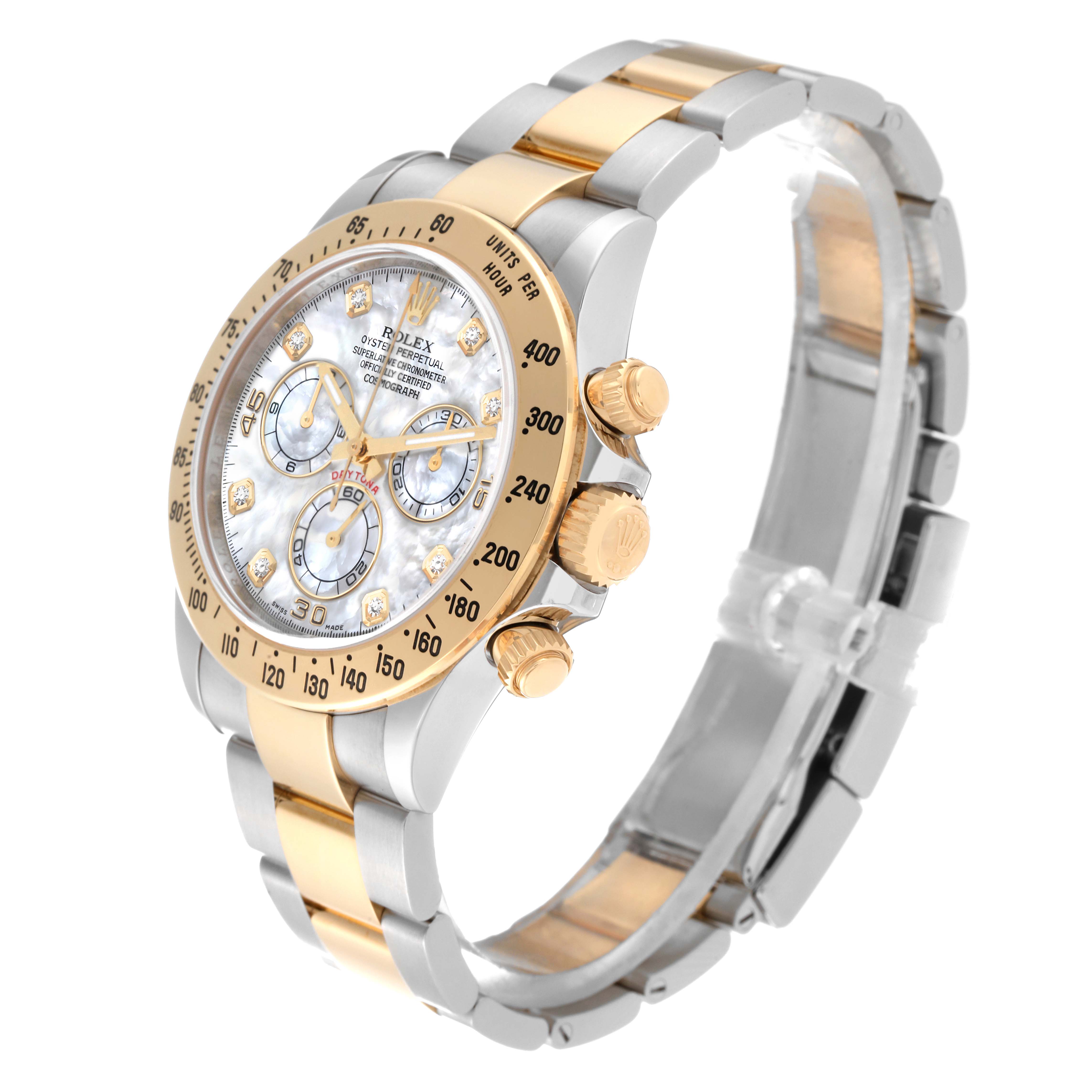 This Rolex Daytona 116523NG Men's Steel and Gold (two tone) Mother of Pearl Dial 116523NG Men's Steel and Gold (two tone) Mother of Pearl Dial watch is shown at a three-quarter angle, displaying the dial, bezel, crown, and bracelet.