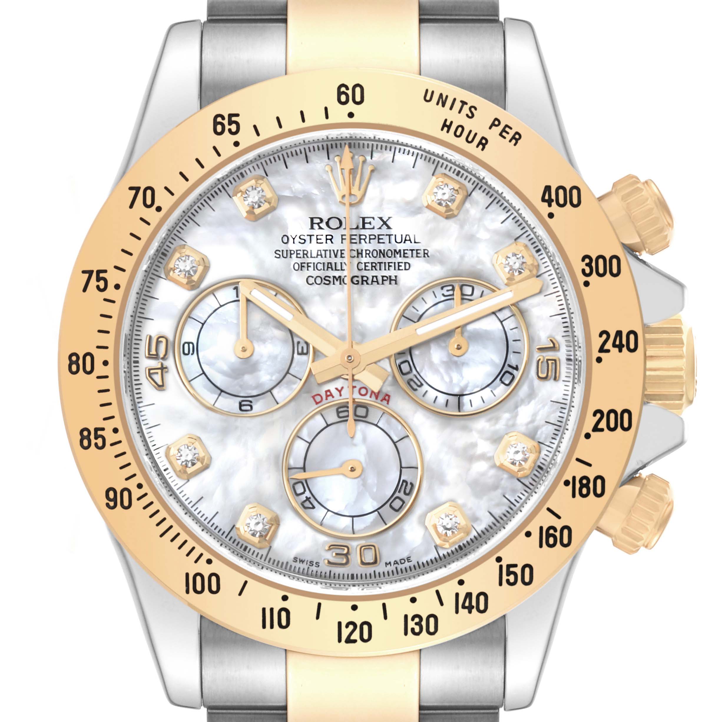 This image shows a close-up, frontal view of the dial and bezel of a Rolex Daytona 116523NG Men's Steel and Gold (two tone) Mother of Pearl Dial 116523NG Men's Steel and Gold (two tone) Mother of Pearl Dial watch with a two-tone bracelet.