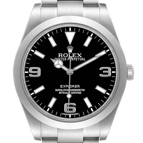 The Rolex Explorer 214270 Men's Stainless Steel Black Dial watch is shown from the front, highlighting its face, bezel, and bracelet.