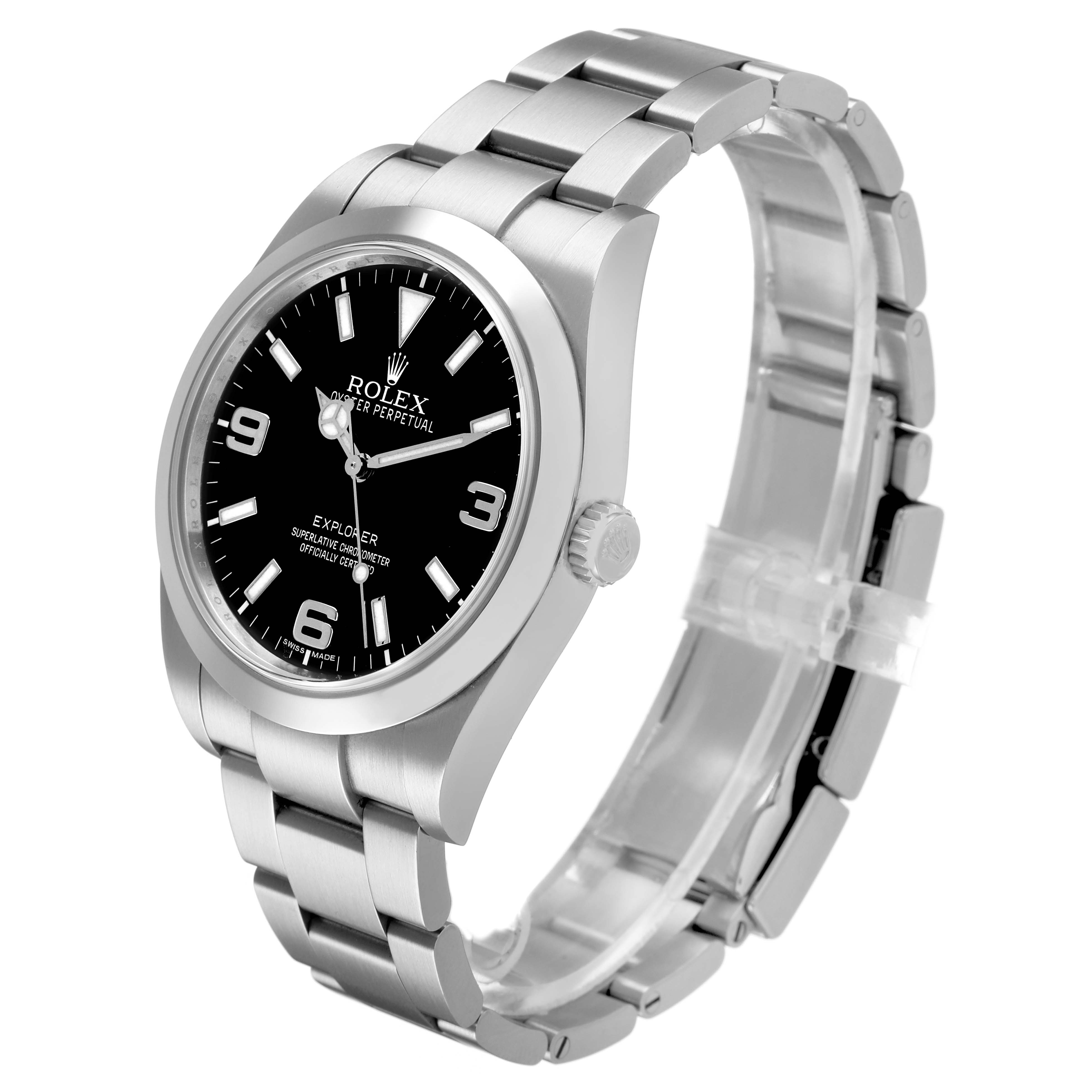 The Rolex Explorer 214270 Men's Stainless Steel Black Dial watch is shown at a three-quarter angle, highlighting the dial, bezel, crown, and partially opened bracelet.