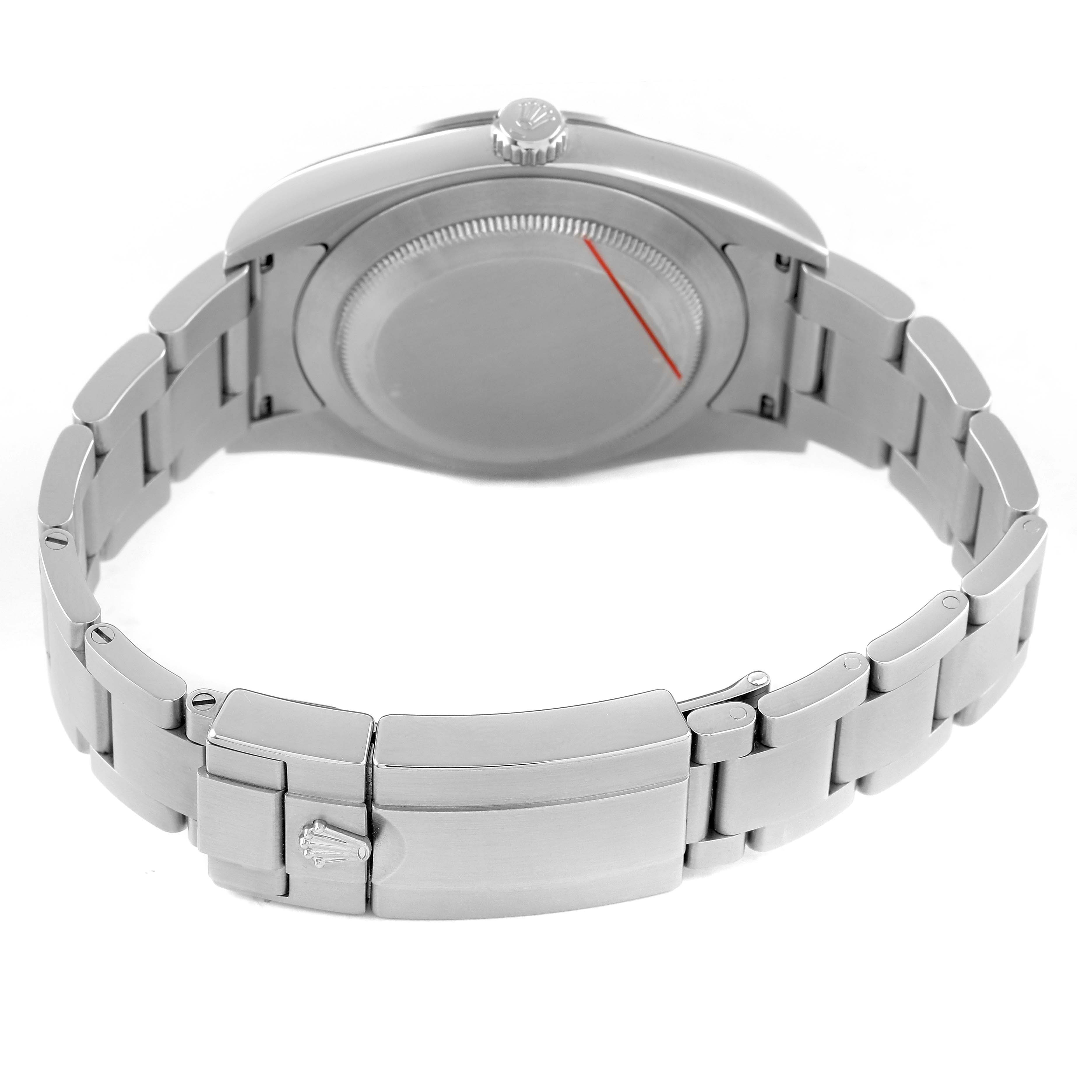 The image shows the back view of a Rolex Explorer 214270 Men's Stainless Steel Black Dial, highlighting the case back, bracelet, and clasp.