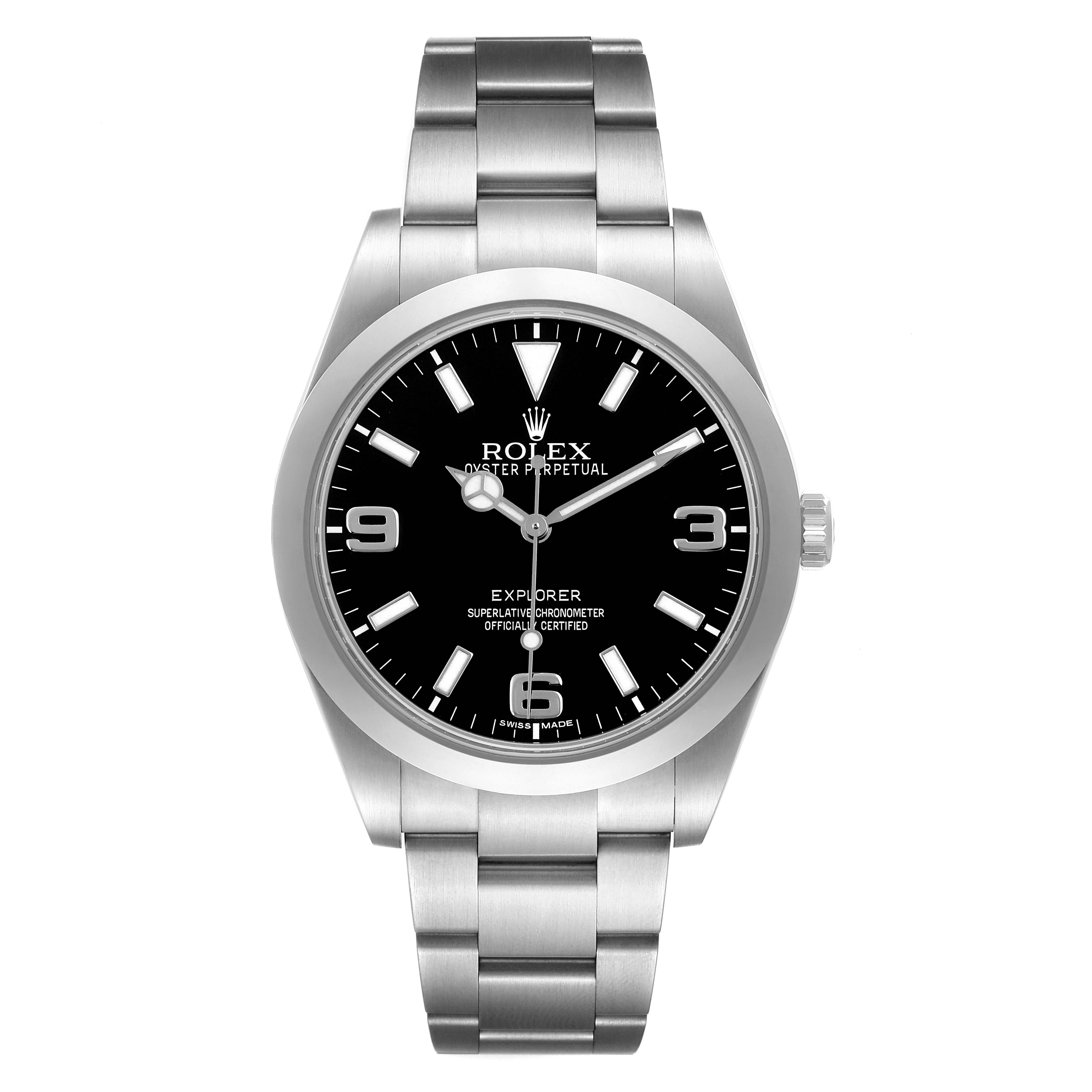 The Rolex Explorer 214270 Men's Stainless Steel Black Dial watch is shown from a front angle, displaying the dial, bezel, and bracelet.