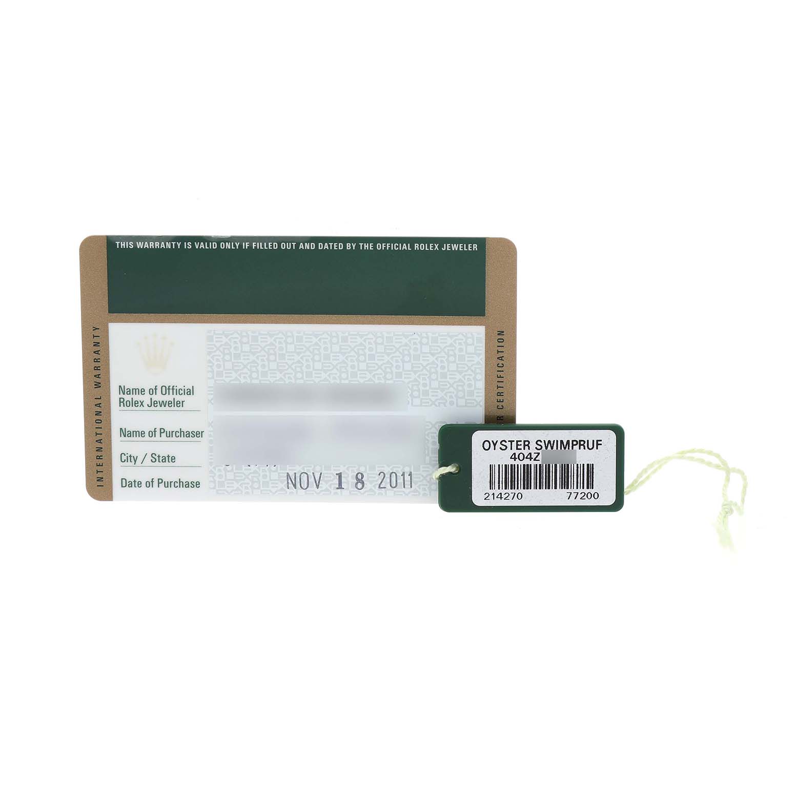 The image shows a warranty card and a tag for a Rolex Explorer 214270 Men's Stainless Steel Black Dial watch.