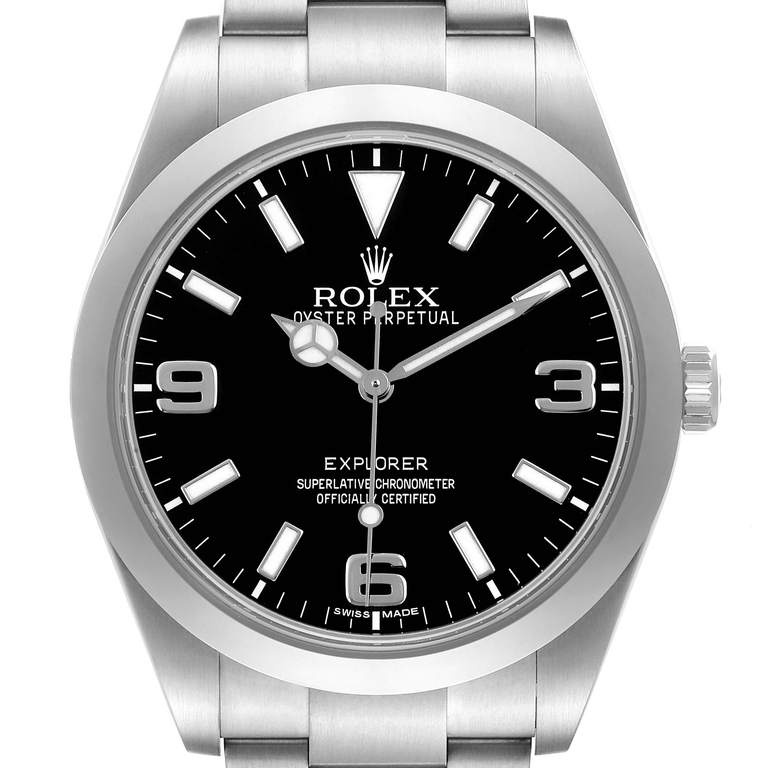 The Rolex Explorer 214270 Men's Stainless Steel Black Dial watch is shown from a front angle, highlighting the dial, hands, indices, and part of the bracelet.