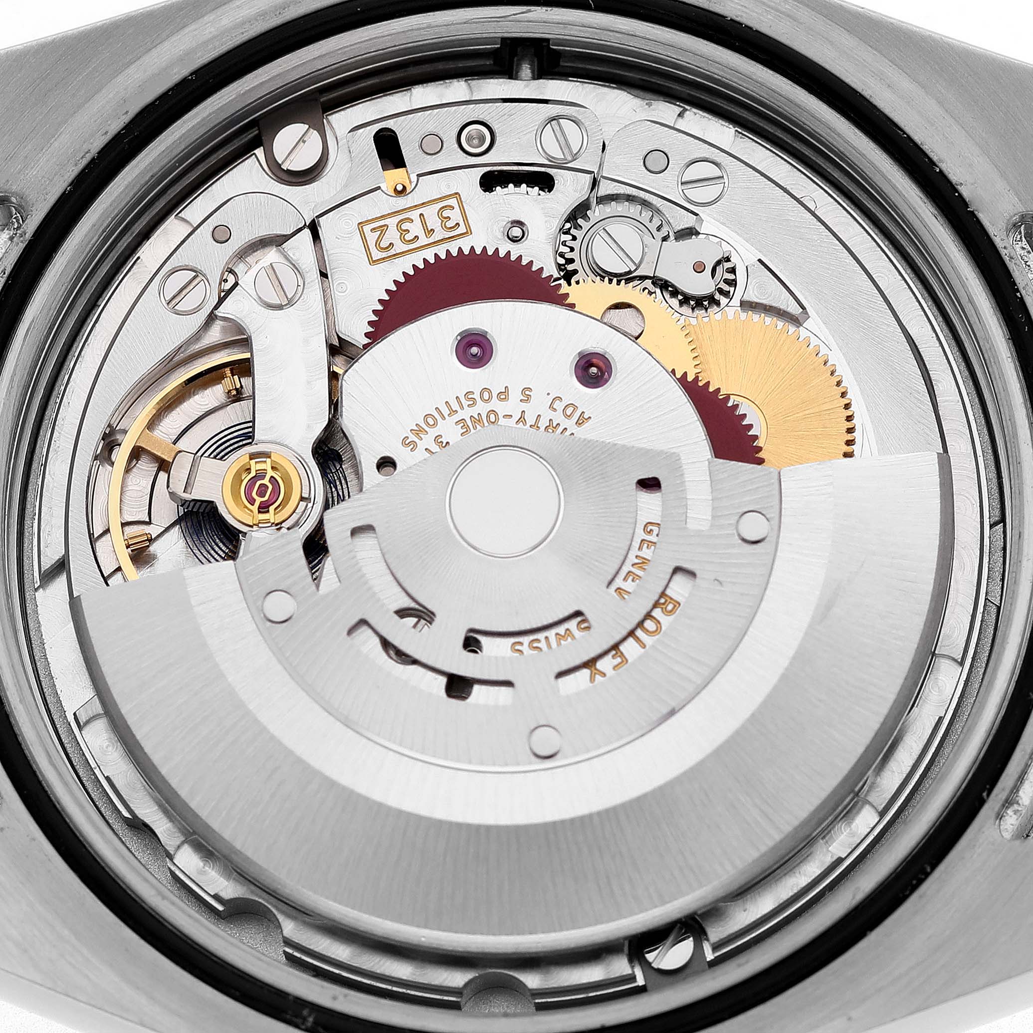 The image shows the movement mechanism of a Rolex Explorer 214270 Men's Stainless Steel Black Dial watch from a top-down angle.