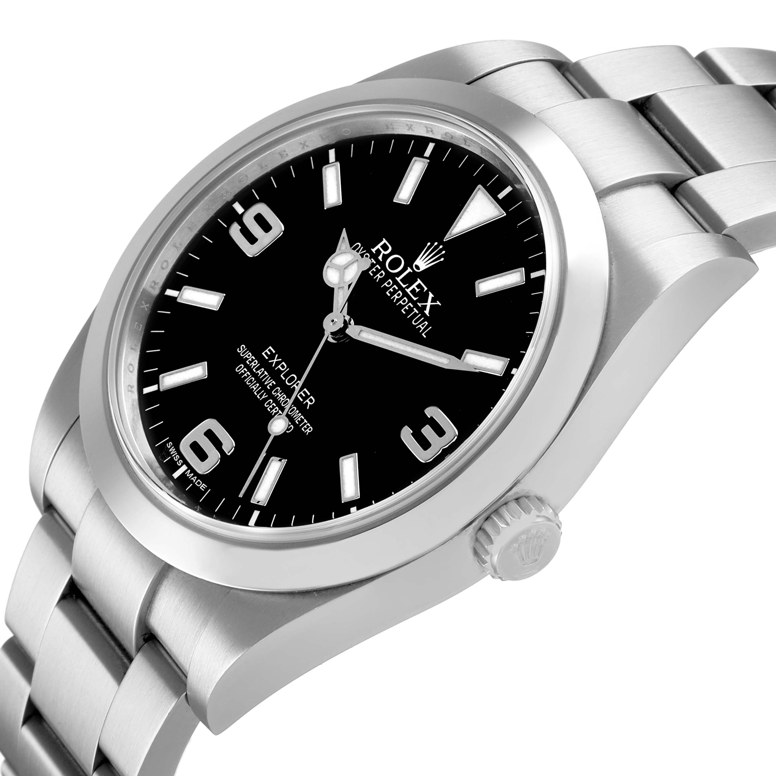 The Rolex Explorer 214270 Men's Stainless Steel Black Dial watch is shown at a slight angle, highlighting the dial, bezel, case, crown, and bracelet.