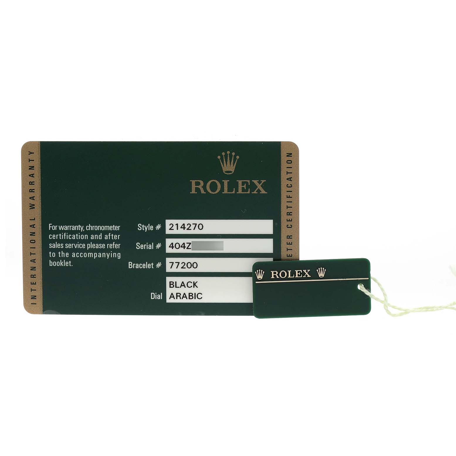 The image shows the warranty card and tag for the Rolex Explorer 214270 Men's Stainless Steel Black Dial model.