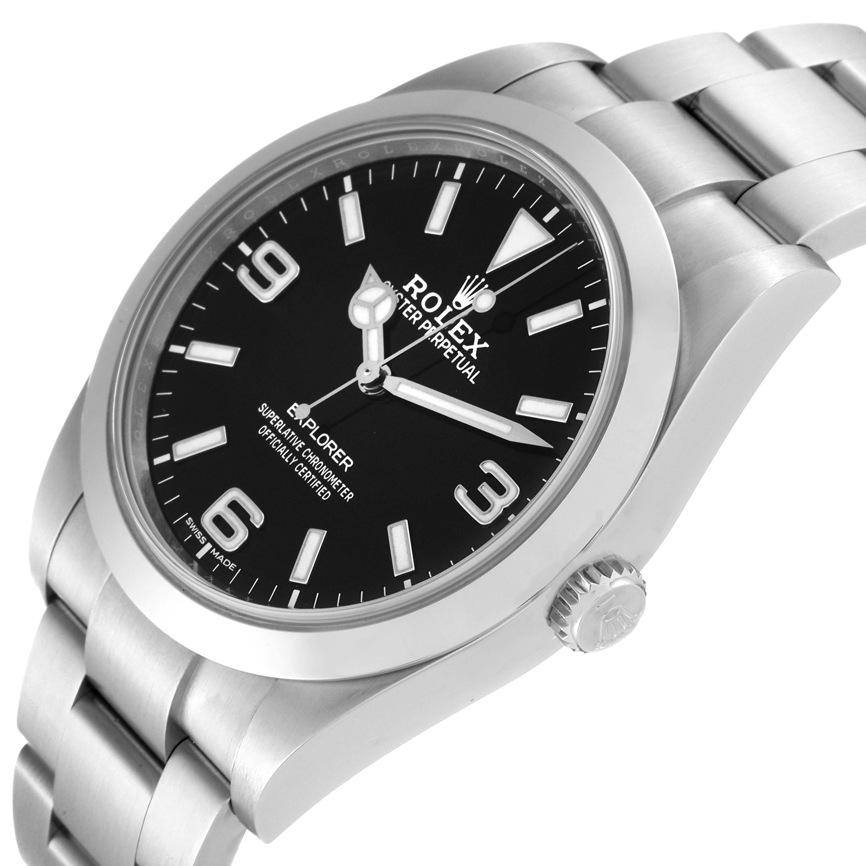 The image shows a Rolex Explorer 214270 Men
s Stainless Steel Black Dial 214270 Men
s Stainless Steel Black Dial watch by the side, displaying the dial, case, crown, and part of the bracelet.