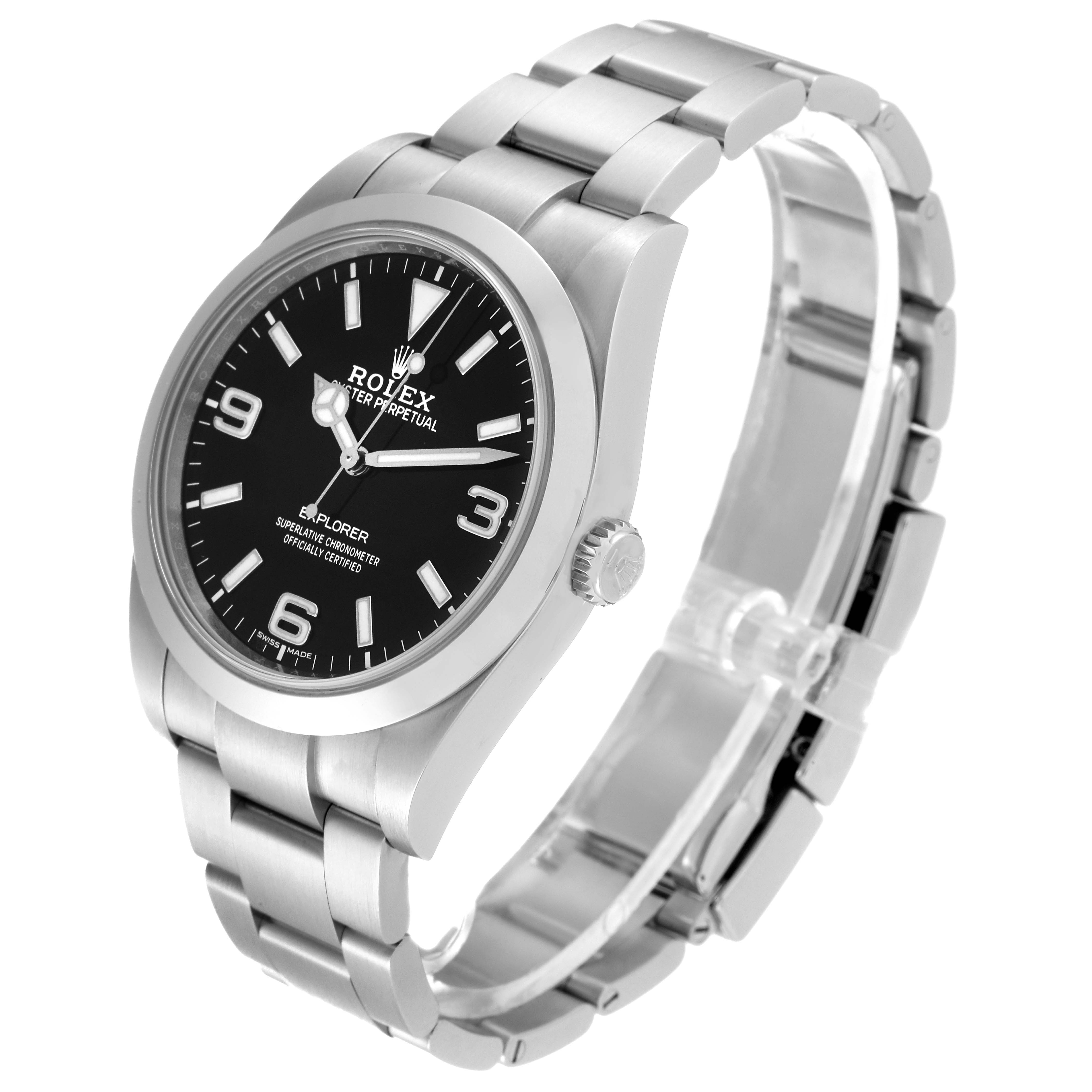 The image shows a side-angle view of a Rolex Explorer 214270 Men
s Stainless Steel Black Dial 214270 Men
s Stainless Steel Black Dial watch, highlighting its stainless steel case, black dial, and bracelet.