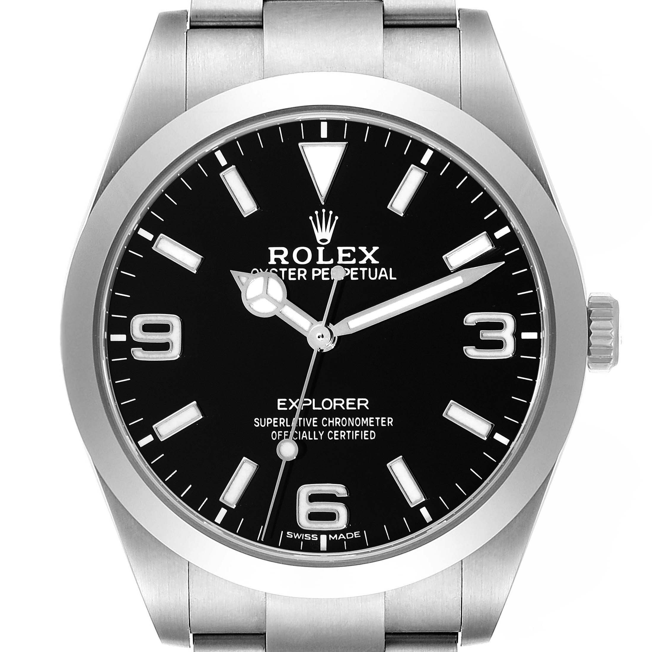 This image shows a frontal view of the Rolex Explorer 214270 Men
s Stainless Steel Black Dial 214270 Men
s Stainless Steel Black Dial watch, highlighting its black dial, silver markers, and stainless steel bracelet.