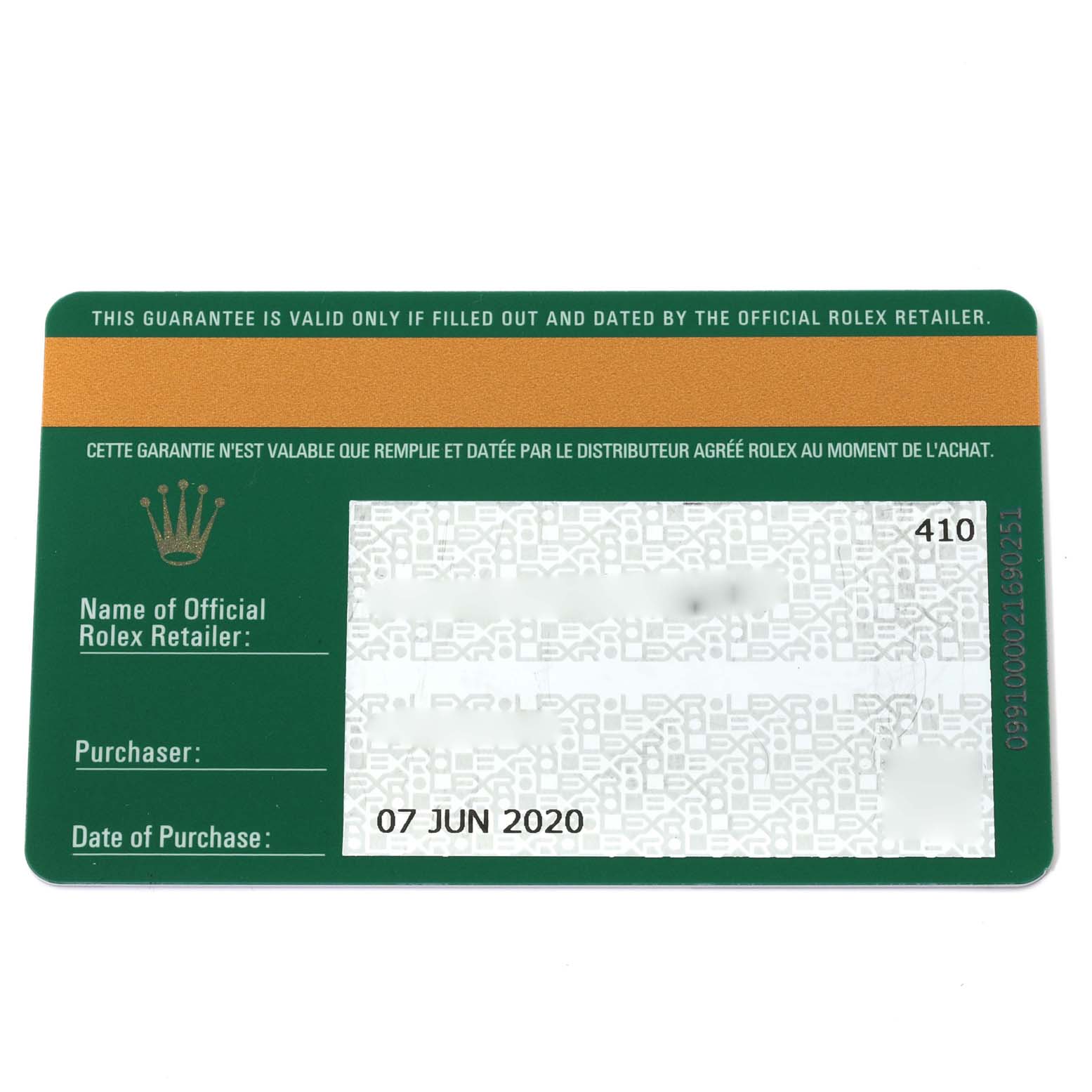 This image shows the guarantee card for a Rolex Explorer 214270 Men
s Stainless Steel Black Dial 214270 Men
s Stainless Steel Black Dial watch, highlighting the date of purchase and retailer details.