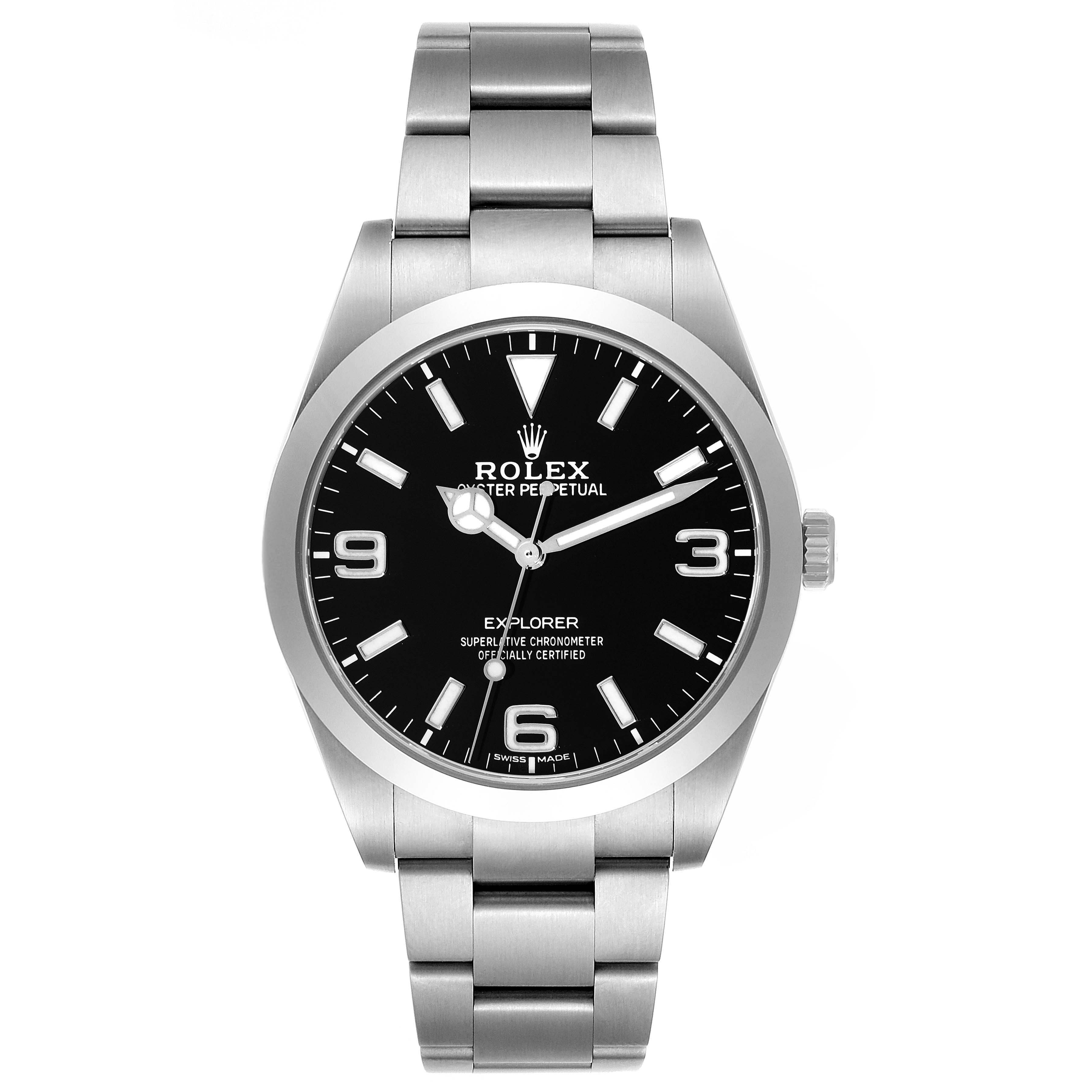 The Rolex Explorer 214270 Men
s Stainless Steel Black Dial 214270 Men
s Stainless Steel Black Dial model watch is shown from the front, displaying its dial, bezel, crown, and bracelet.