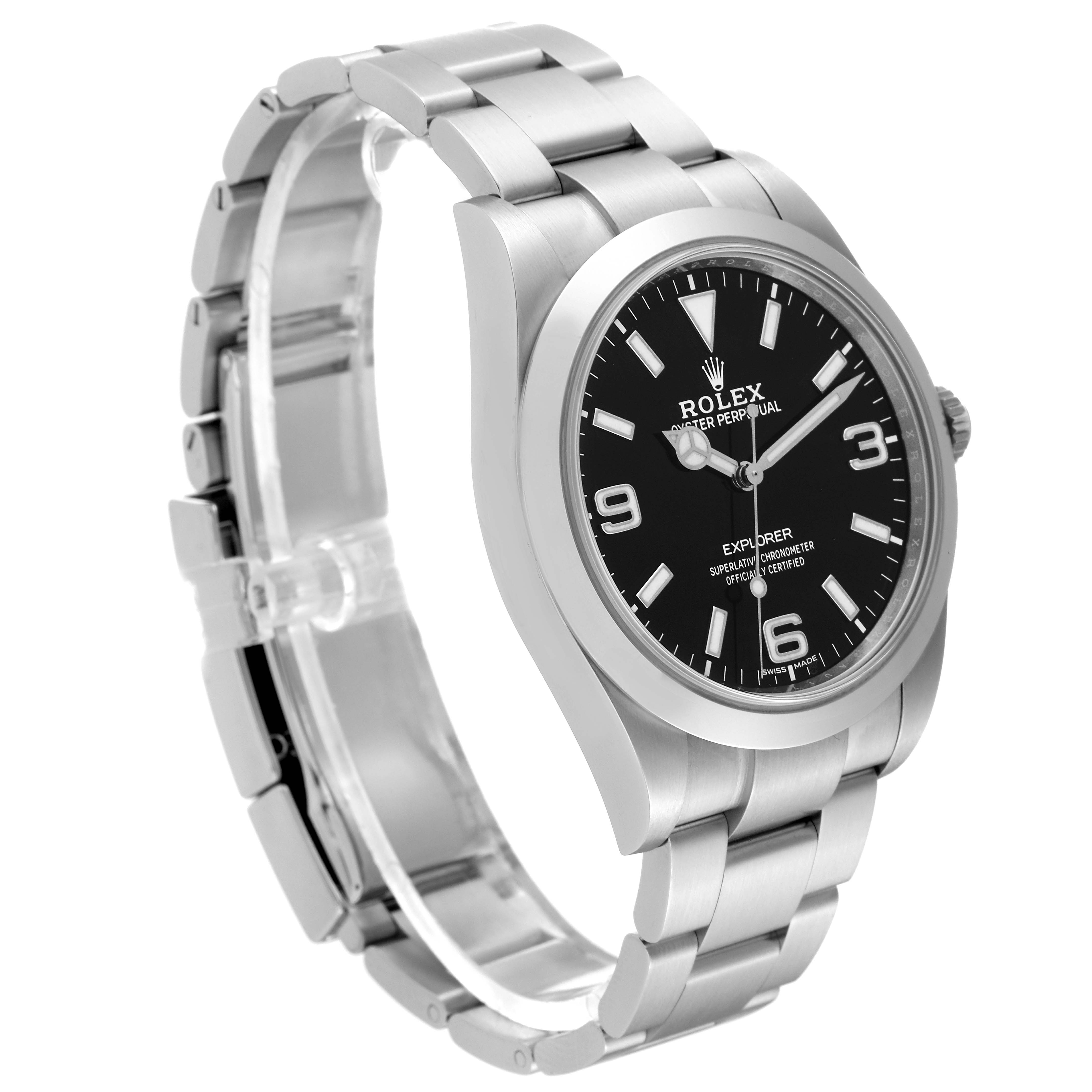 The image shows a Rolex Explorer 214270 Men
s Stainless Steel Black Dial 214270 Men
s Stainless Steel Black Dial watch from a three-quarter angle, displaying the face, bezel, and partially opened metal bracelet.