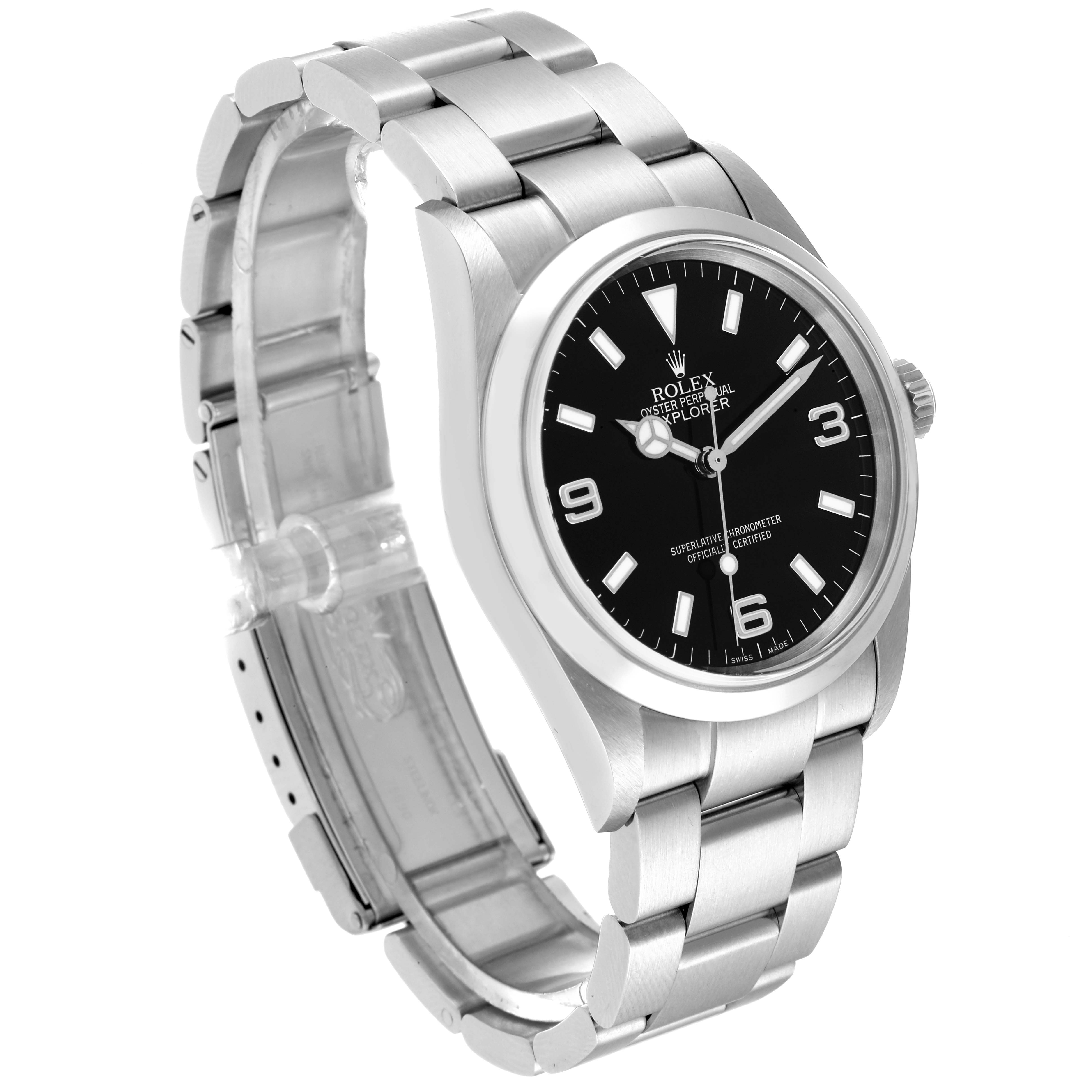 The image shows a side angle of a Rolex Explorer 114270 Men
s Stainless Steel Black Dial 114270 Men
s Stainless Steel Black Dial model watch, highlighting its metal bracelet, clasp, and the watch face.