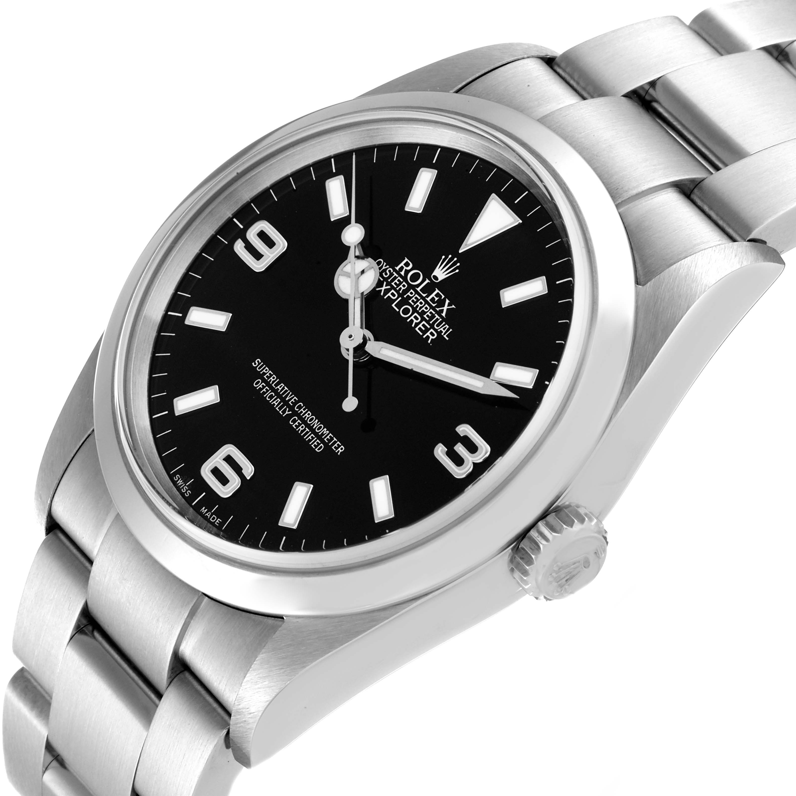 The image shows a Rolex Explorer 114270 Men
s Stainless Steel Black Dial 114270 Men
s Stainless Steel Black Dial watch at an angled view, highlighting its face, bezel, crown, and part of the bracelet.