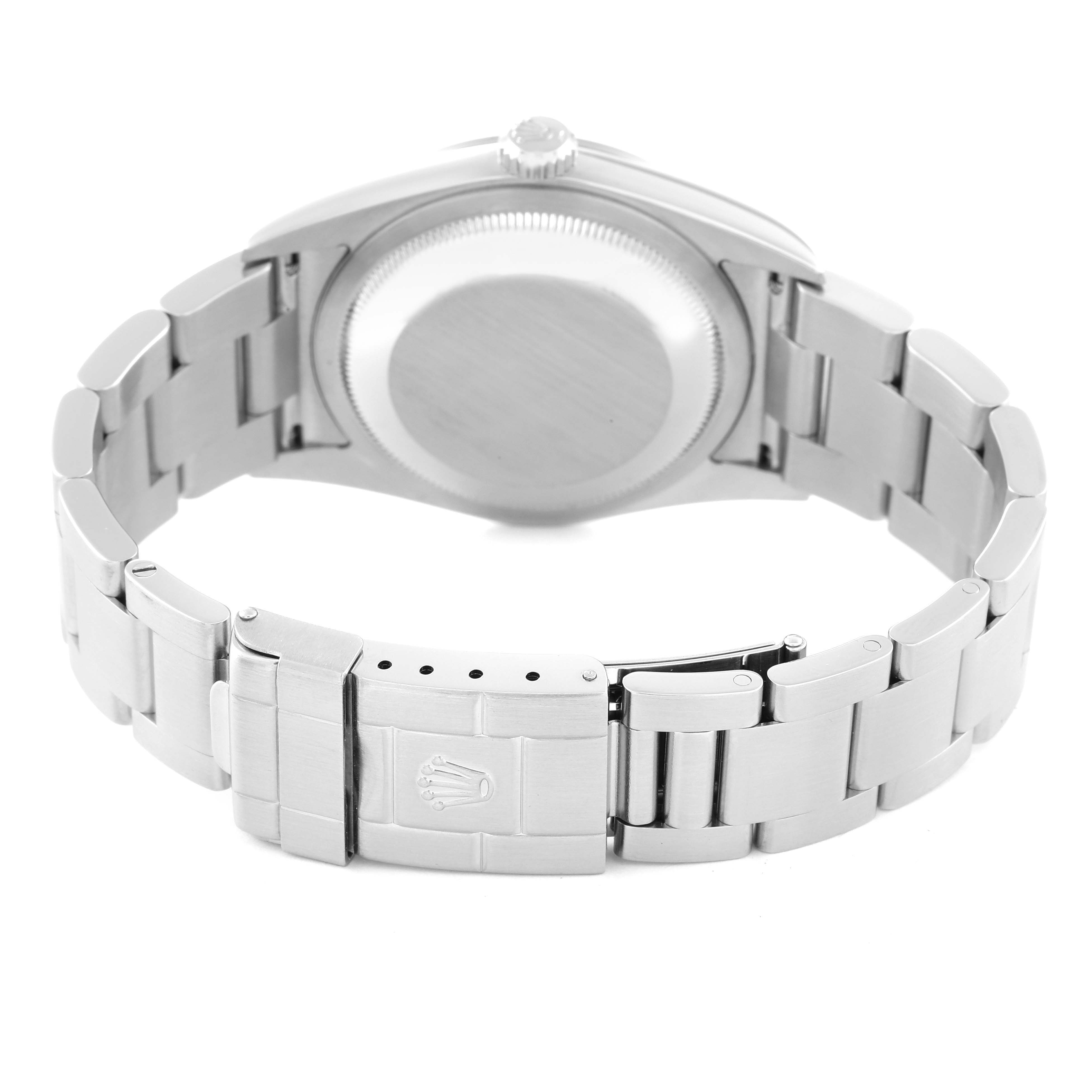 The image shows the back view of the Rolex Explorer 114270 Men
s Stainless Steel Black Dial 114270 Men
s Stainless Steel Black Dial model, highlighting the case back and the bracelet with its clasp.