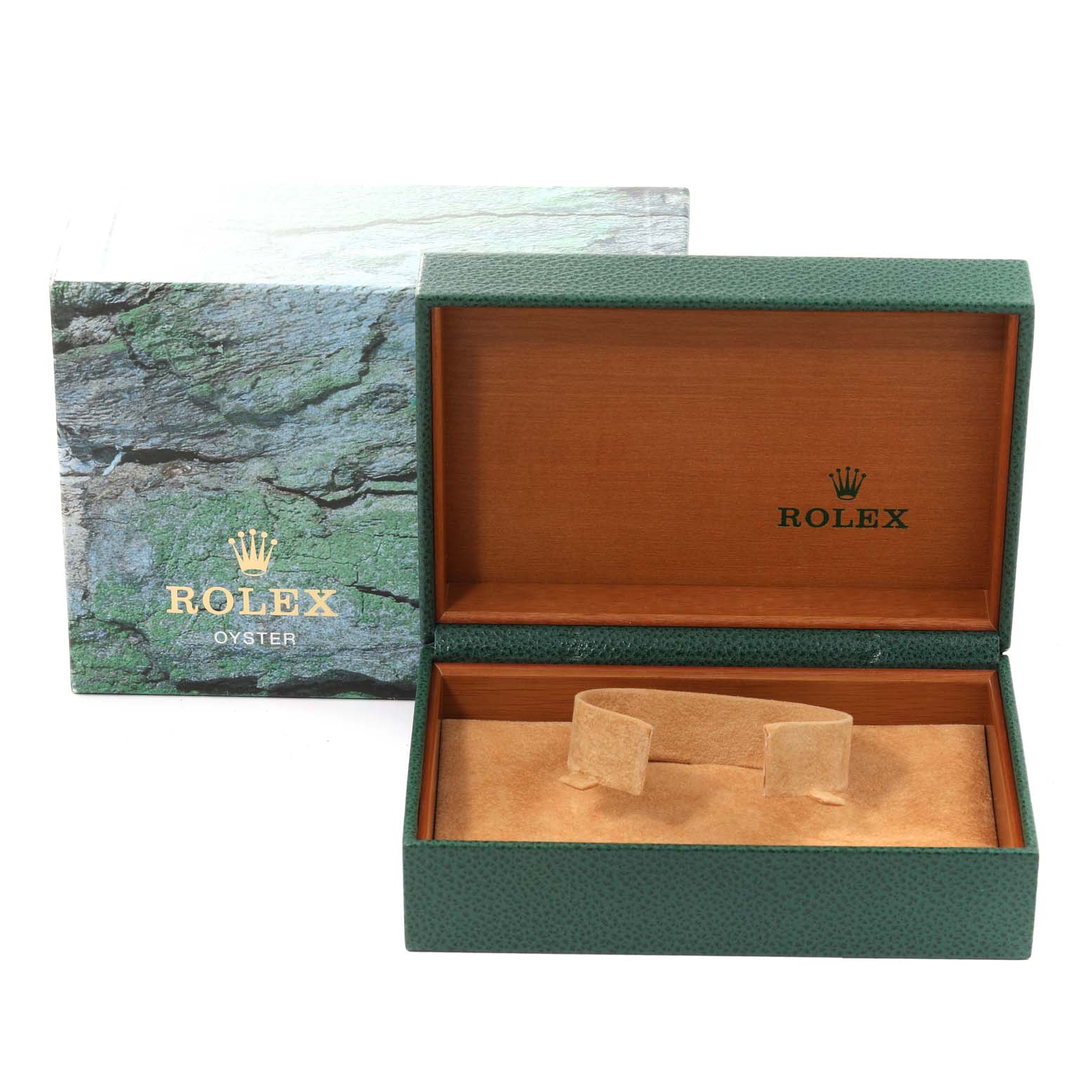 The image shows the open packaging box for a Rolex Explorer 114270 Men
s Stainless Steel Black Dial 114270 Men
s Stainless Steel Black Dial watch, including the outer box and the interior cushion.